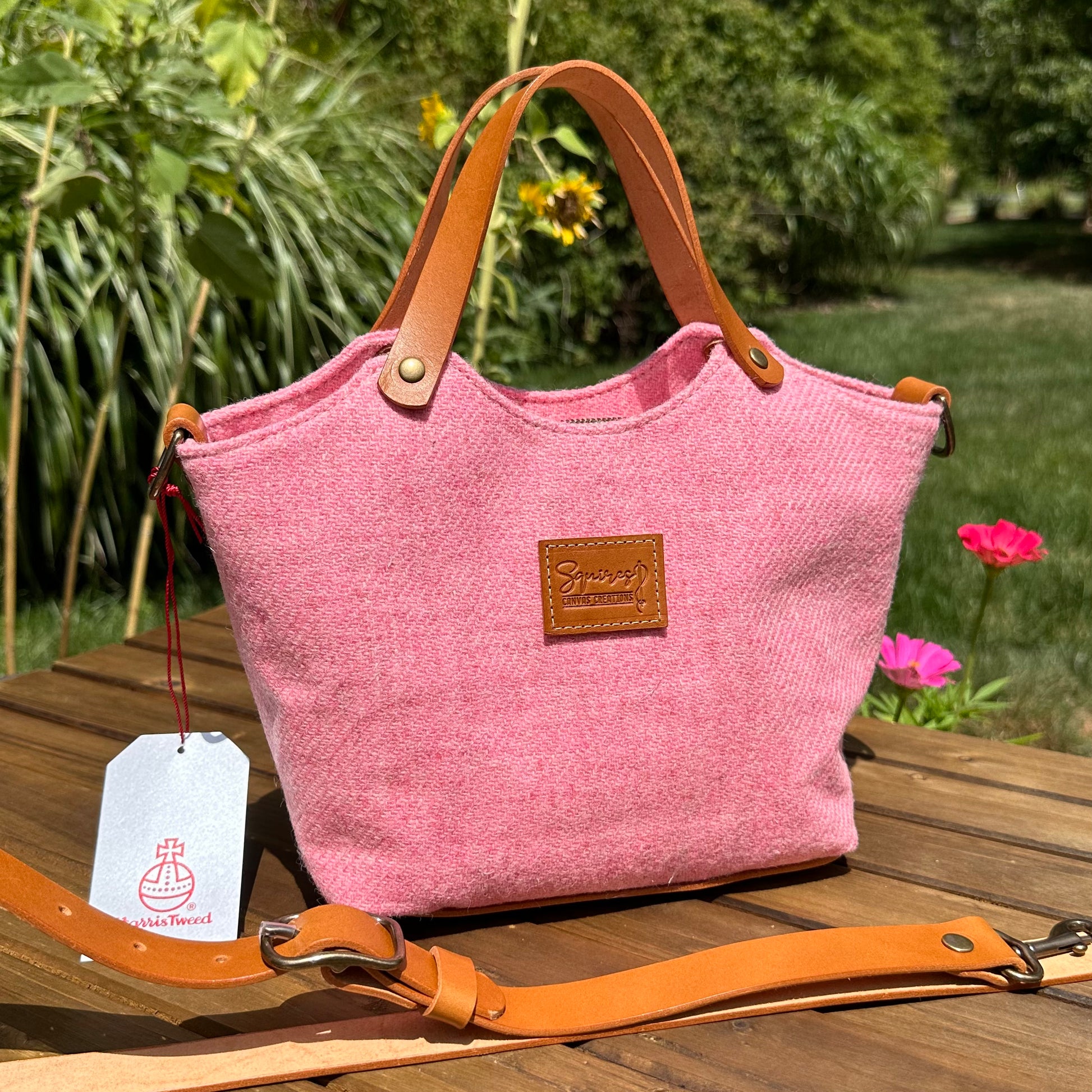 Mazie Handbag Pink Twill Harris Tweed® with Biscuit Veg Tan Leather and Antique Brass Hardware SquiresCanvasCreations.com
