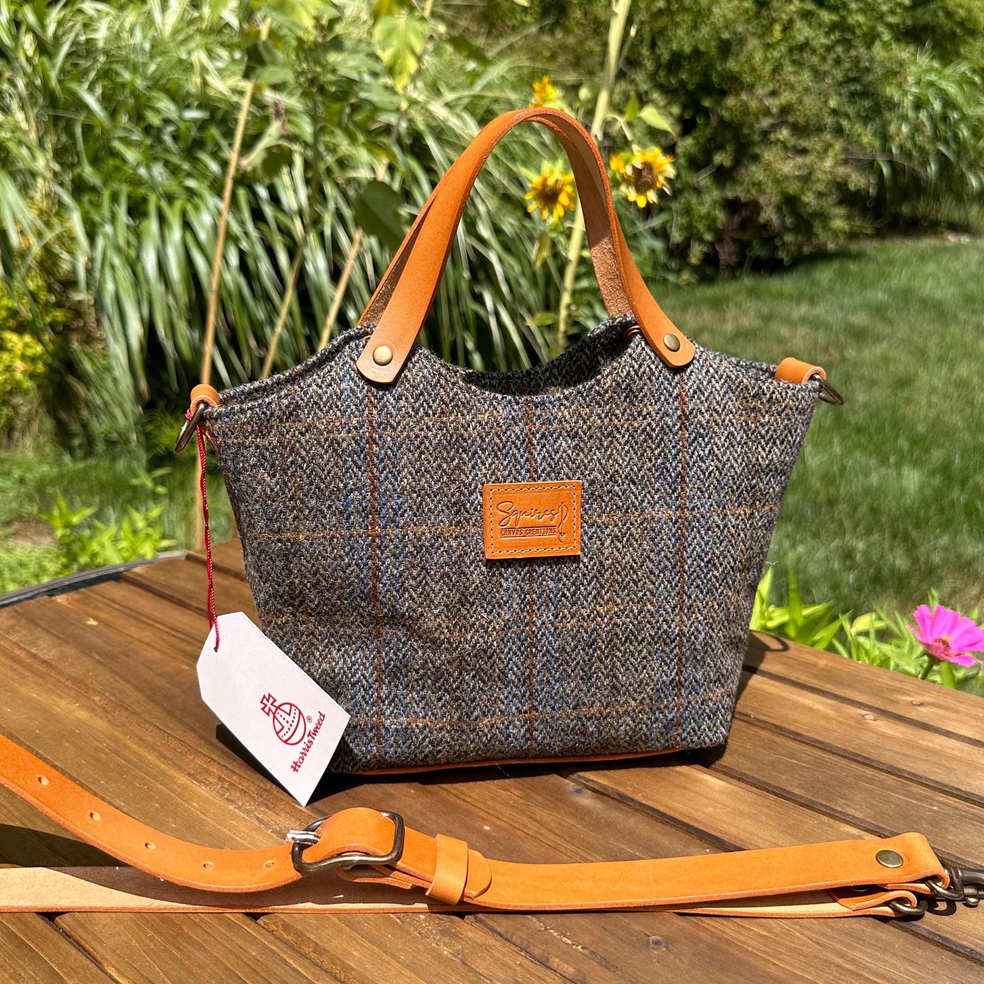 Mazie Handbag Green and Blue Herringbone with Rust Overcheck Harris Tweed® with Biscuit Veg Tan Leather and Antique Brass Hardware SquiresCanvasCreations.com