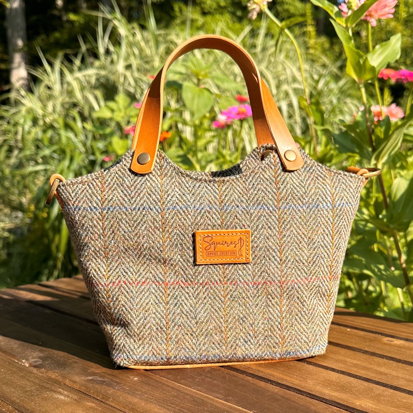 Green Herringbone Harris Tweed® with Biscuit Veg Tan Leather and Antique Brass Hardware Mazie Handbag squirescanvascreatons.com