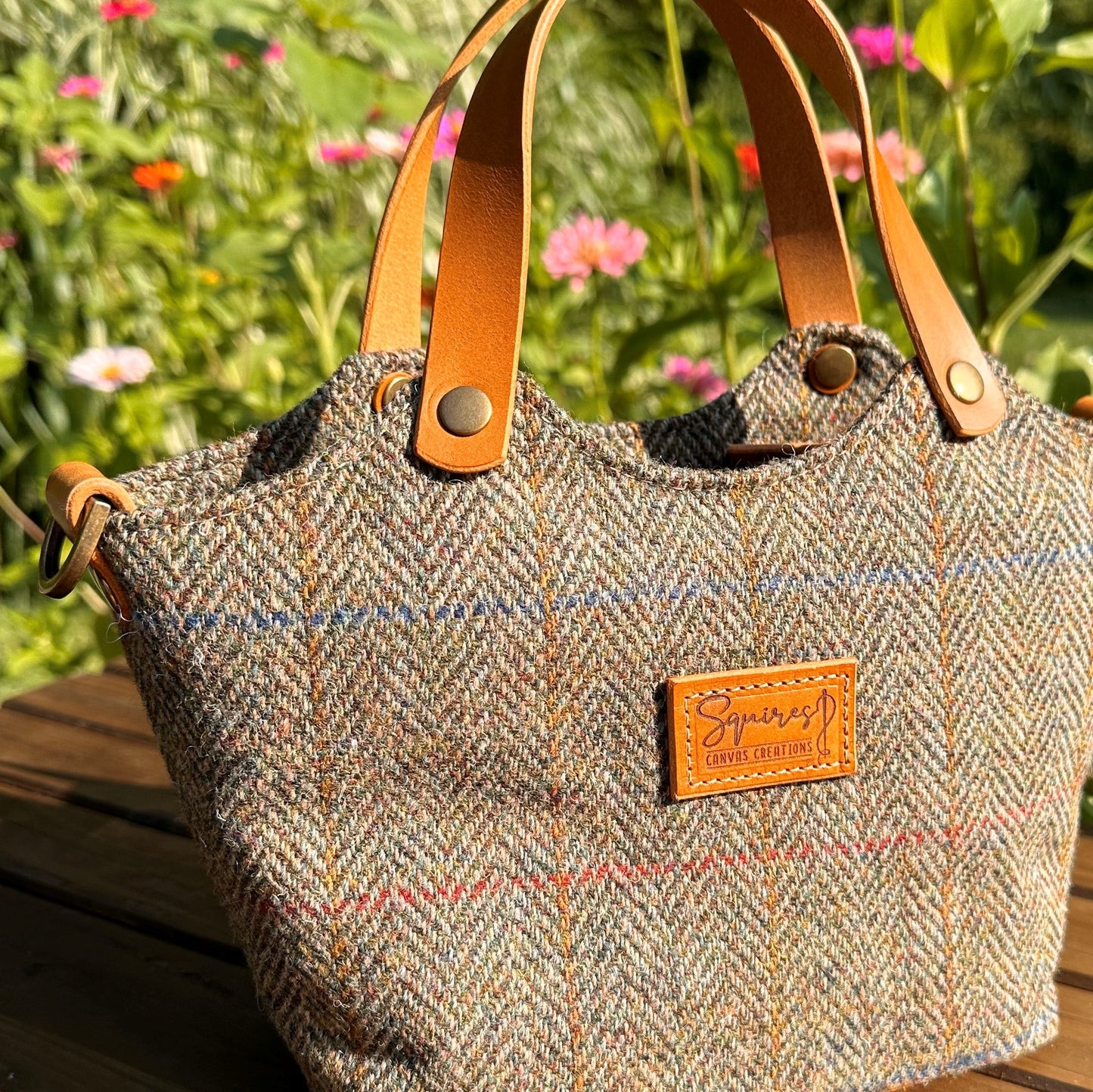 Green Herringbone Harris Tweed® with Biscuit Veg Tan Leather and Antique Brass Hardware Mazie Handbag squirescanvascreatons.com
