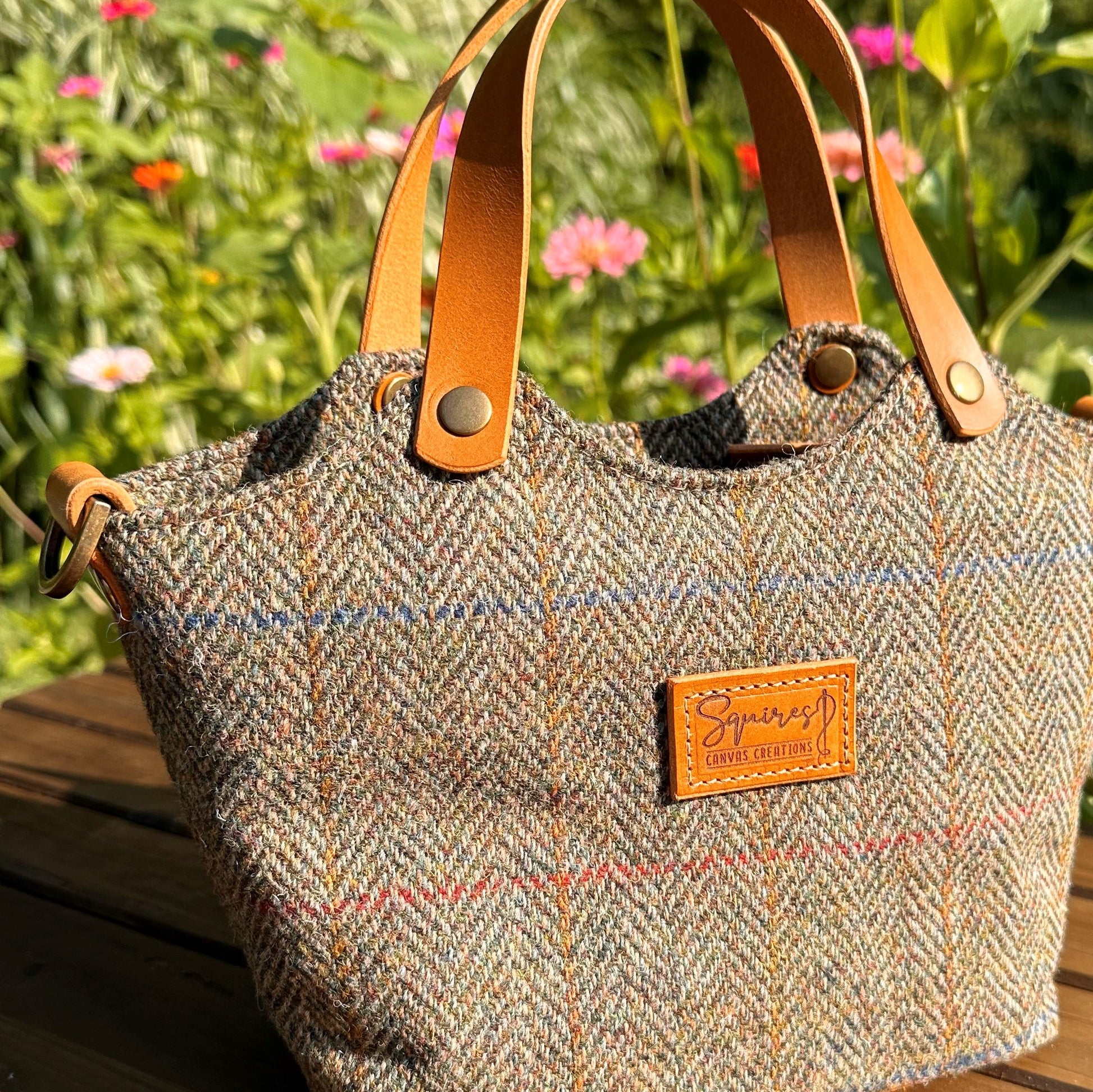 Green Herringbone Harris Tweed® with Biscuit Veg Tan Leather and Antique Brass Hardware Mazie Handbag squirescanvascreatons.com