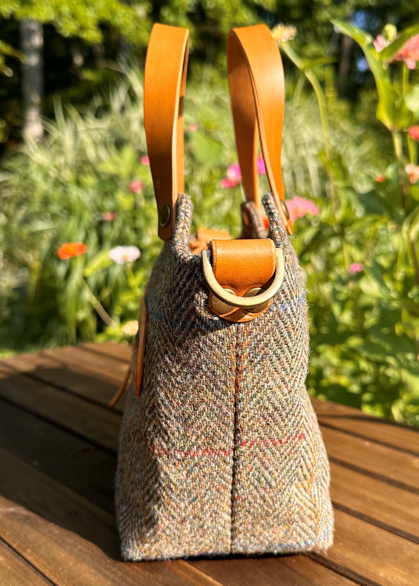 Green Herringbone Harris Tweed® with Biscuit Veg Tan Leather and Antique Brass Hardware Mazie Handbag squirescanvascreatons.com
