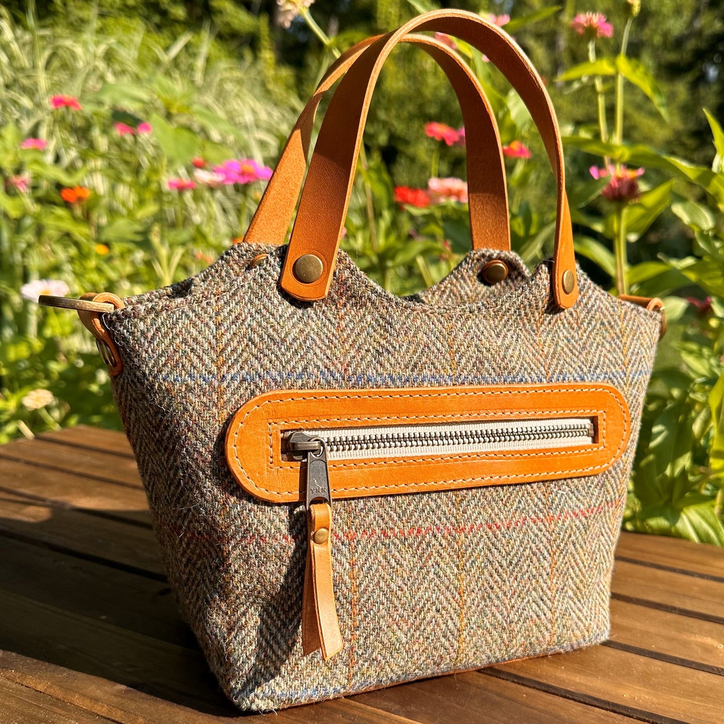 Green Herringbone Harris Tweed® with Biscuit Veg Tan Leather and Antique Brass Hardware Mazie Handbag squirescanvascreatons.com