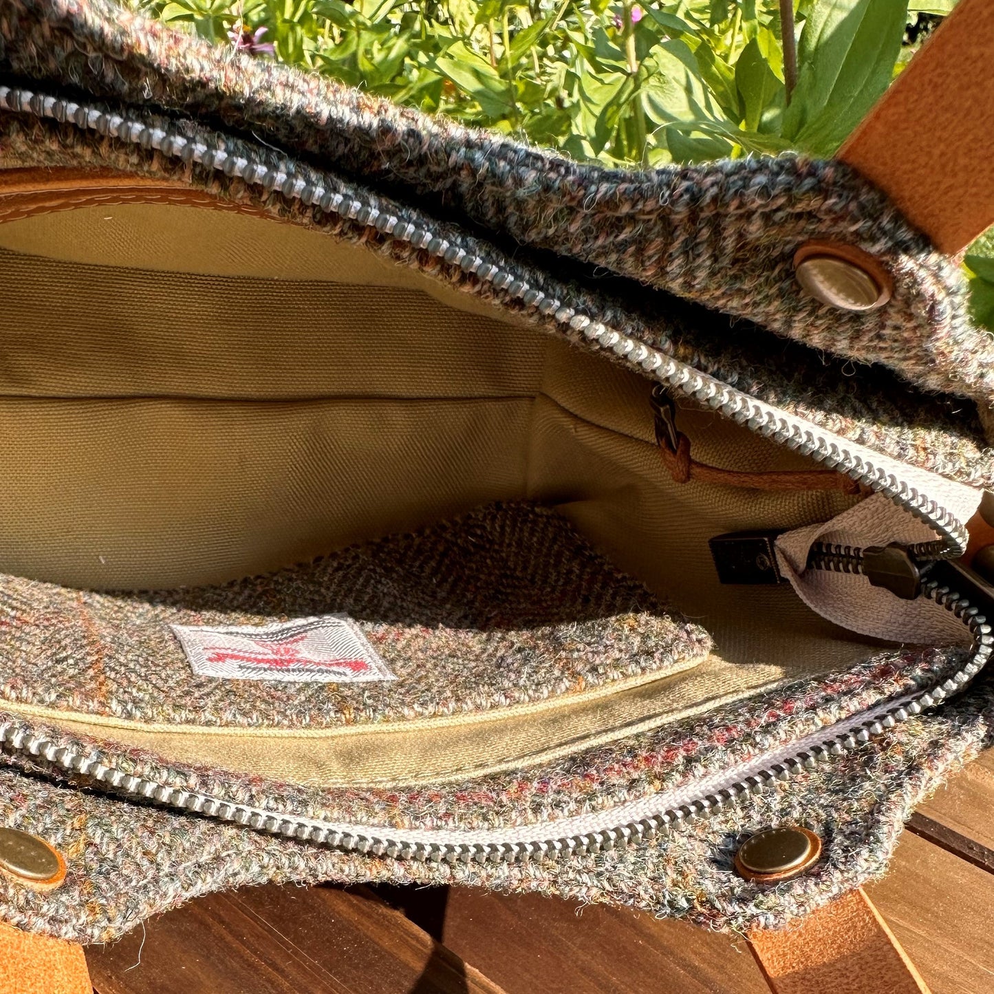 Green Herringbone Harris Tweed® with Biscuit Veg Tan Leather and Antique Brass Hardware Mazie Handbag squirescanvascreatons.com