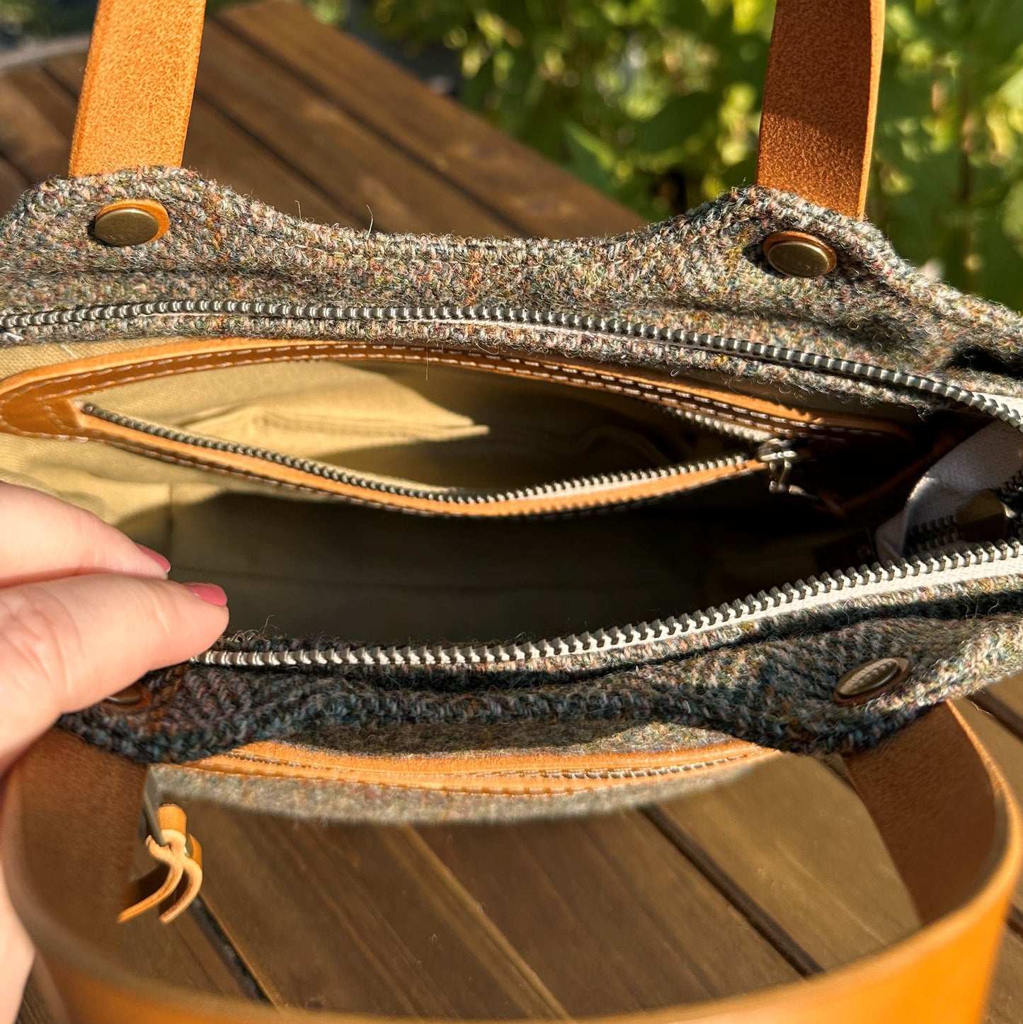 Green Herringbone Harris Tweed® with Biscuit Veg Tan Leather and Antique Brass Hardware Mazie Handbag squirescanvascreatons.com