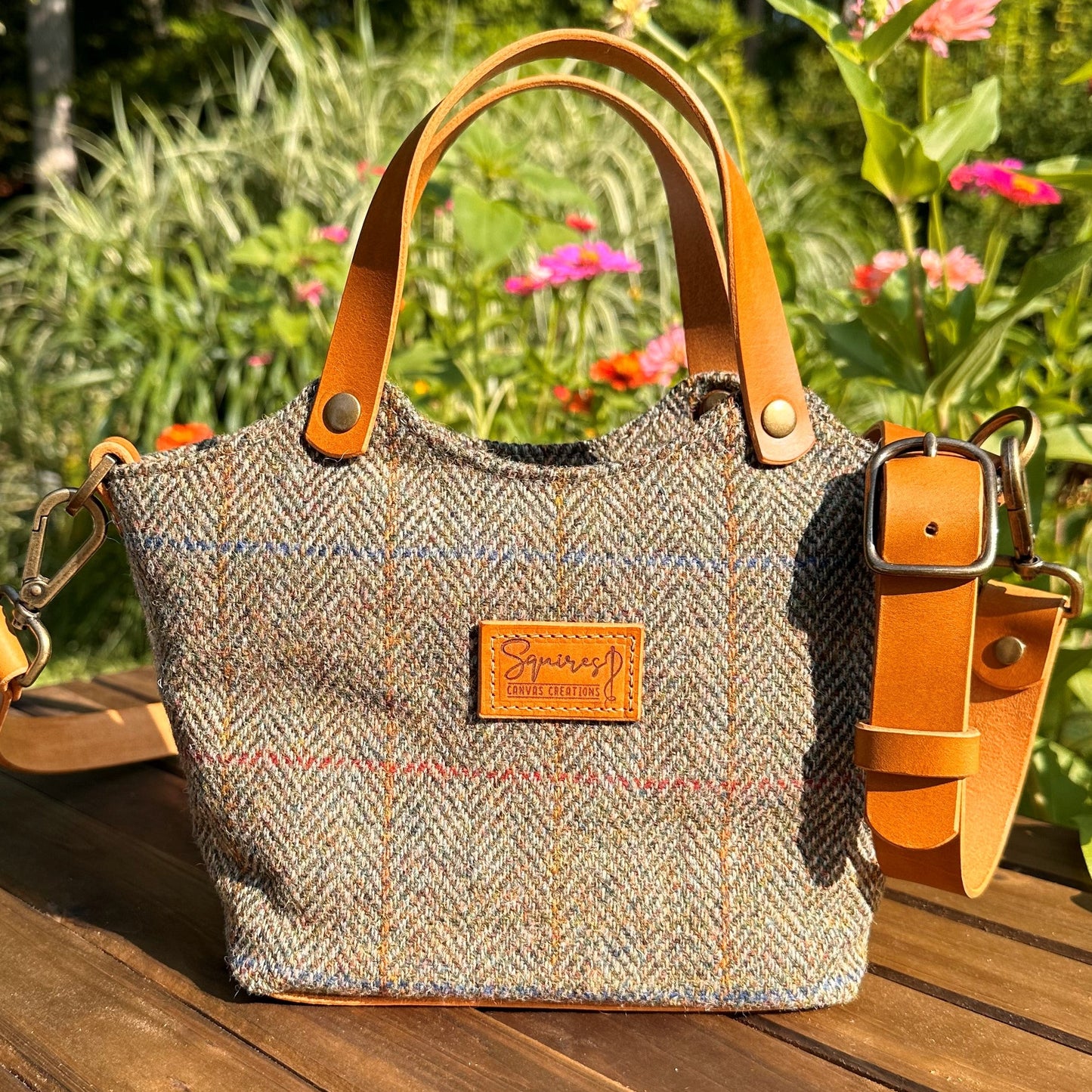 Green Herringbone Harris Tweed® with Biscuit Veg Tan Leather and Antique Brass Hardware Mazie Handbag squirescanvascreatons.com