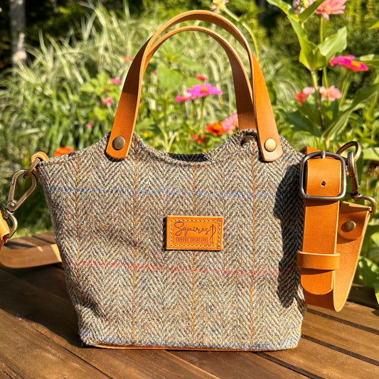 Green Herringbone Harris Tweed® with Biscuit Veg Tan Leather and Antique Brass Hardware Mazie Handbag squirescanvascreatons.com
