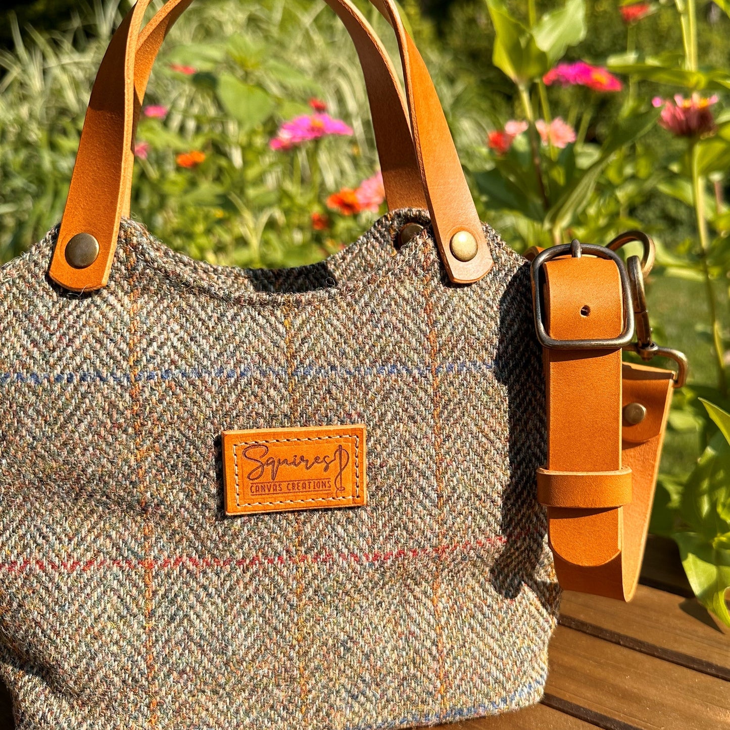 Green Herringbone Harris Tweed® with Biscuit Veg Tan Leather and Antique Brass Hardware Mazie Handbag squirescanvascreatons.com
