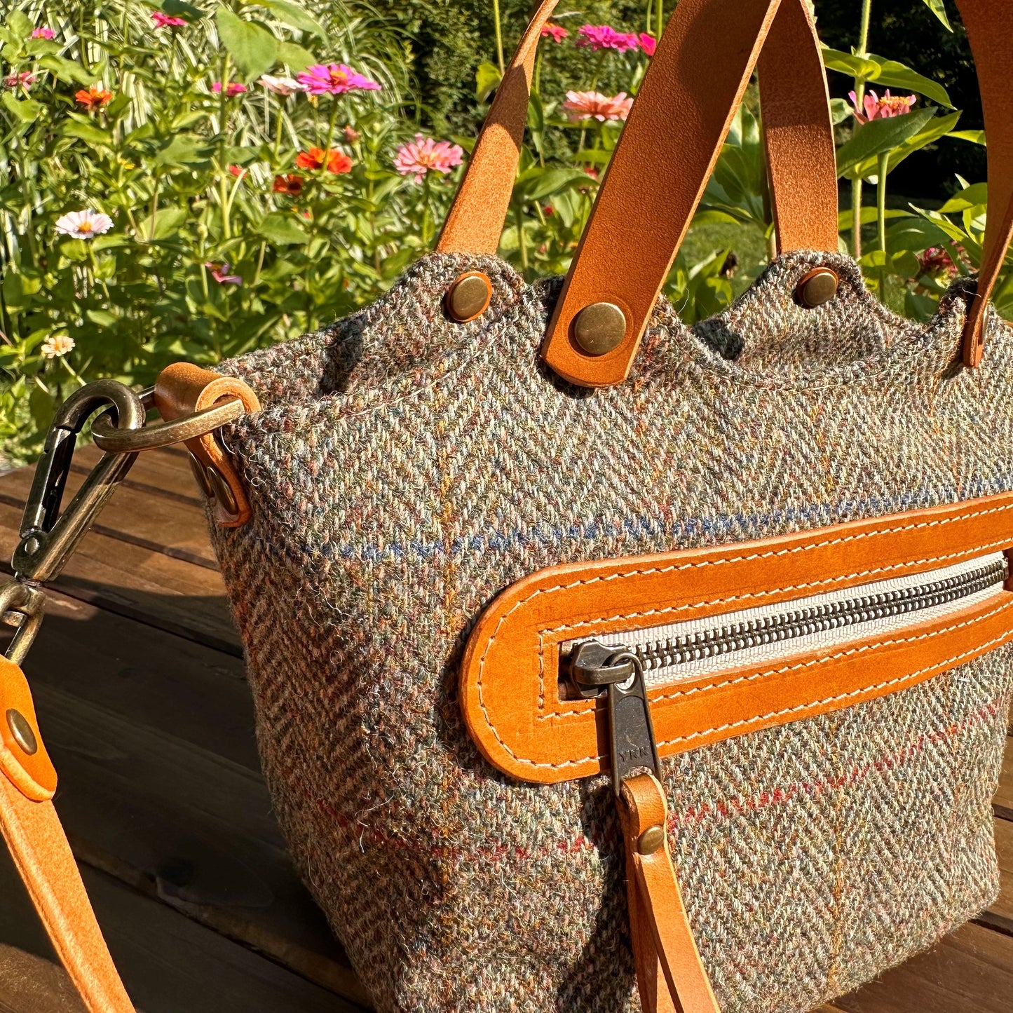 Green Herringbone Harris Tweed® with Biscuit Veg Tan Leather and Antique Brass Hardware Mazie Handbag squirescanvascreatons.com