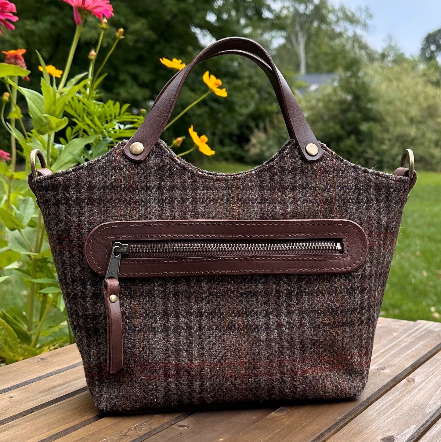 Warm Brown Harris Tweed® with Dark Brown Italian Leather and Antique Brass Hardware Mazie Handbag squirescanvascreatons.com