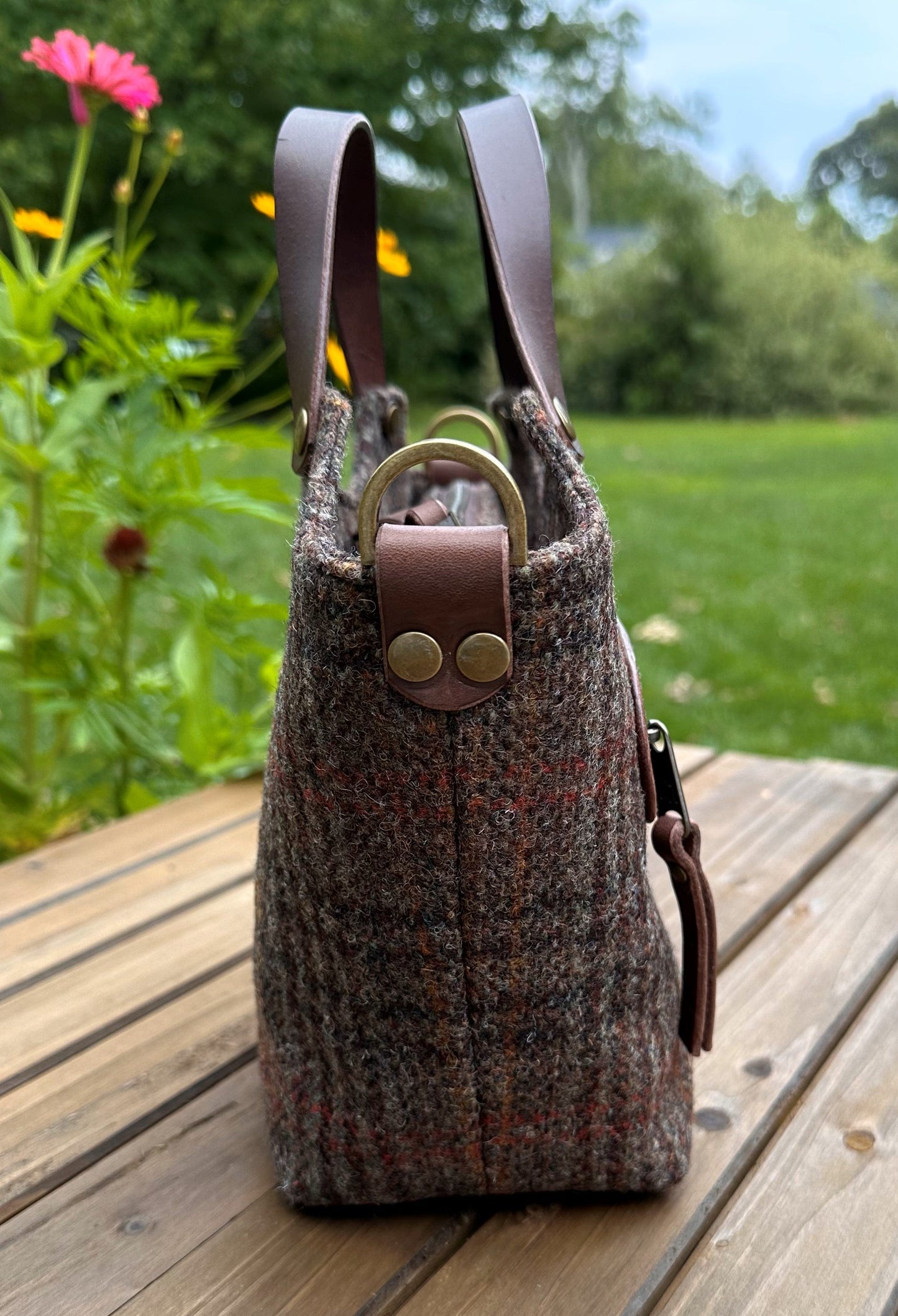 Warm Brown Harris Tweed® with Dark Brown Italian Leather and Antique Brass Hardware Mazie Handbag squirescanvascreatons.com