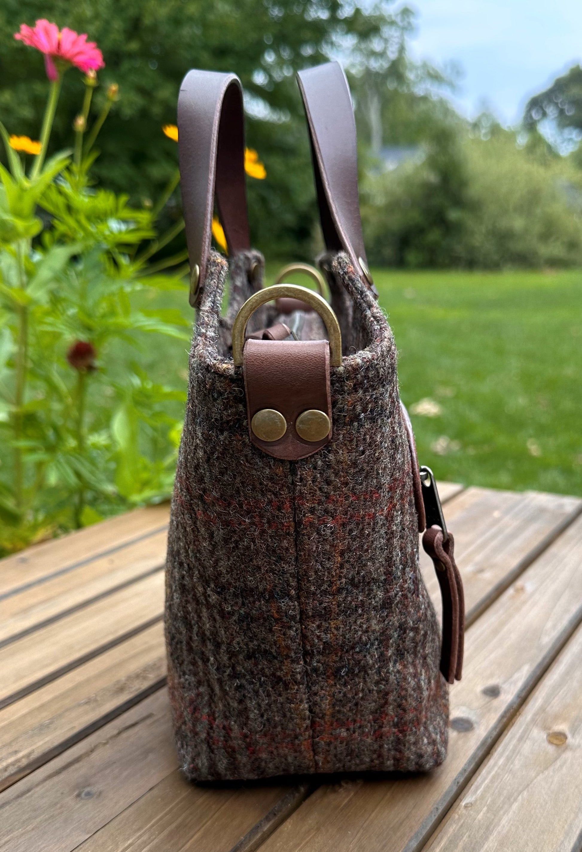Warm Brown Harris Tweed® with Dark Brown Italian Leather and Antique Brass Hardware Mazie Handbag squirescanvascreatons.com