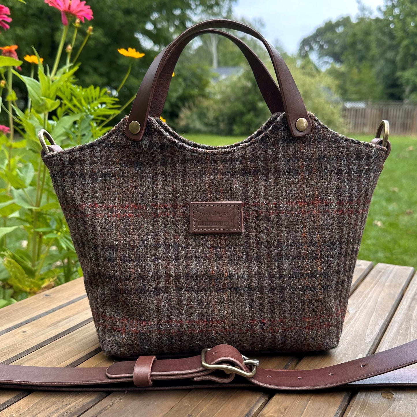 Warm Brown Harris Tweed® with Dark Brown Italian Leather and Antique Brass Hardware Mazie Handbag squirescanvascreatons.com
