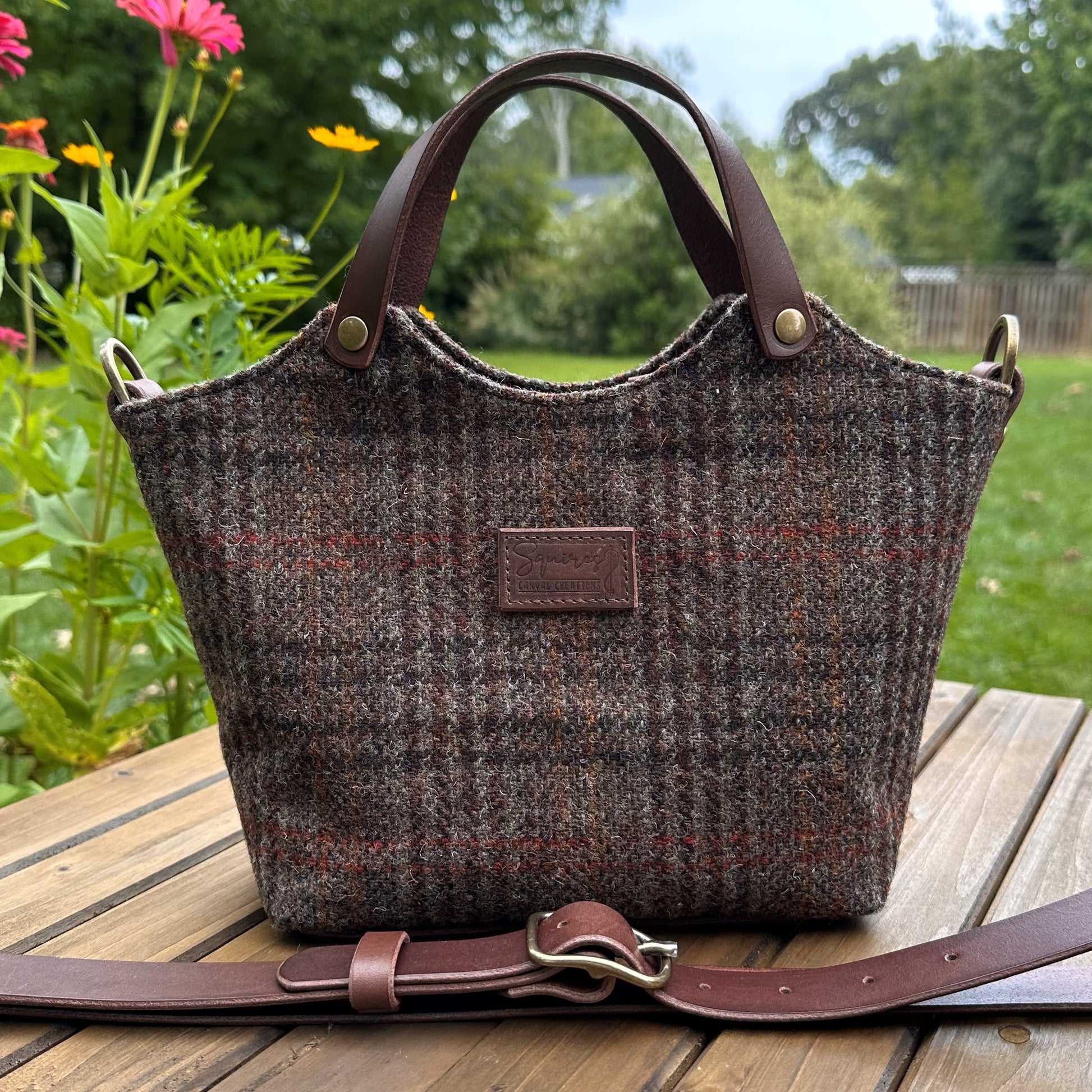 Warm Brown Harris Tweed® with Dark Brown Italian Leather and Antique Brass Hardware Mazie Handbag squirescanvascreatons.com