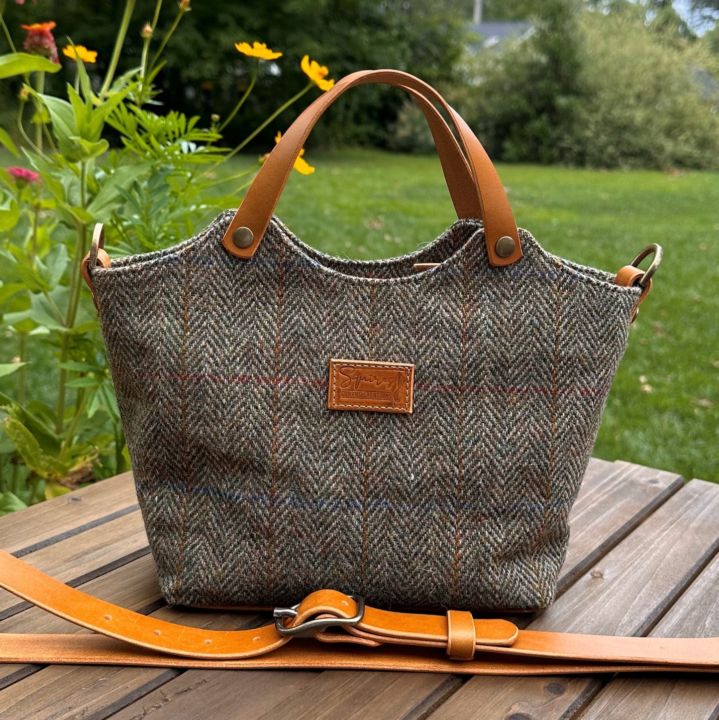 Green Herringbone Harris Tweed® with Biscuit Veg Tan Leather and Antique Brass Hardware Mazie Handbag squirescanvascreatons.com
