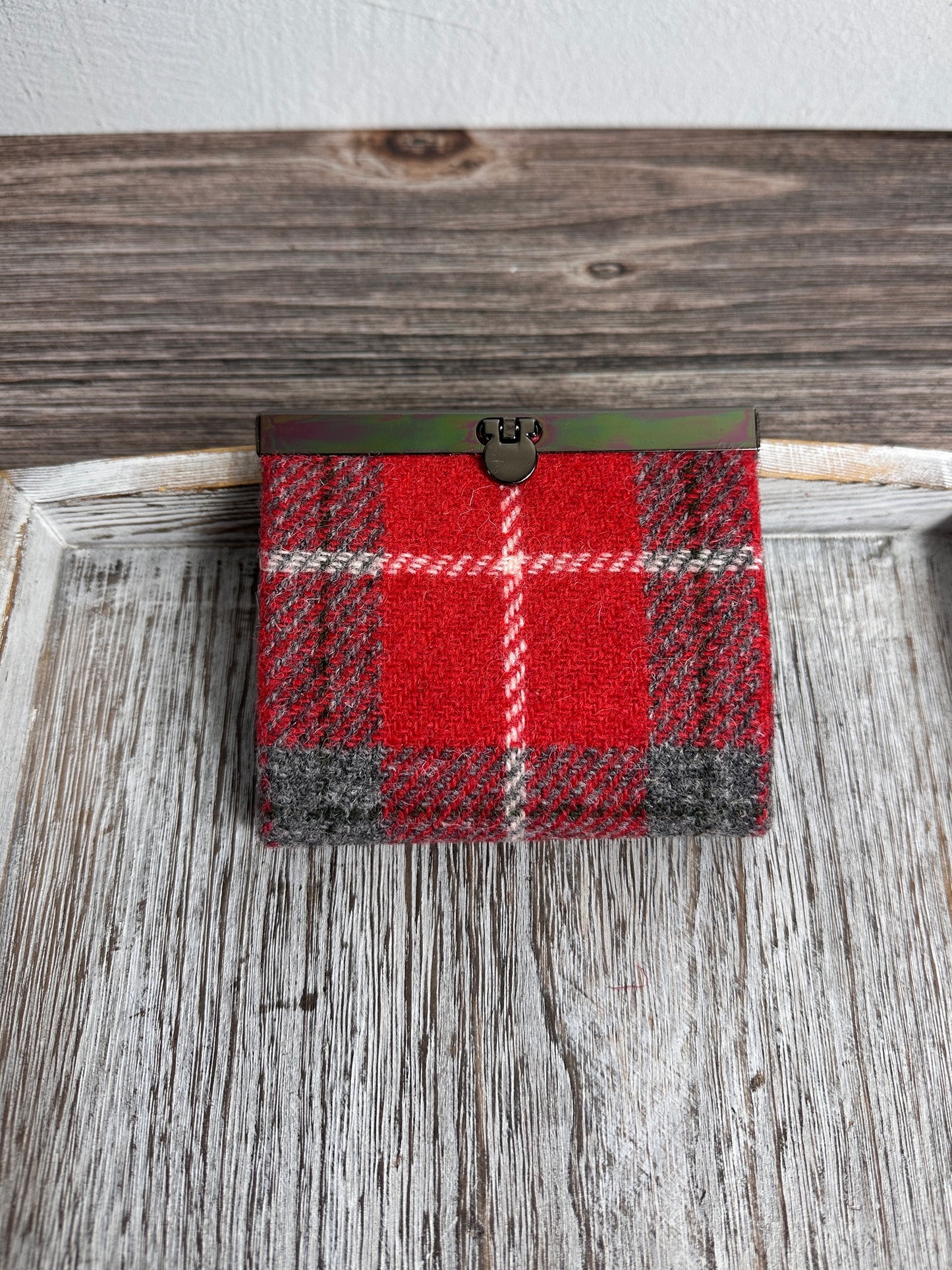 Closed Mini Harris Tweed® Rock Hall Wallet in Red Gray Plaid, featuring Gunmetal flip-lock closure.