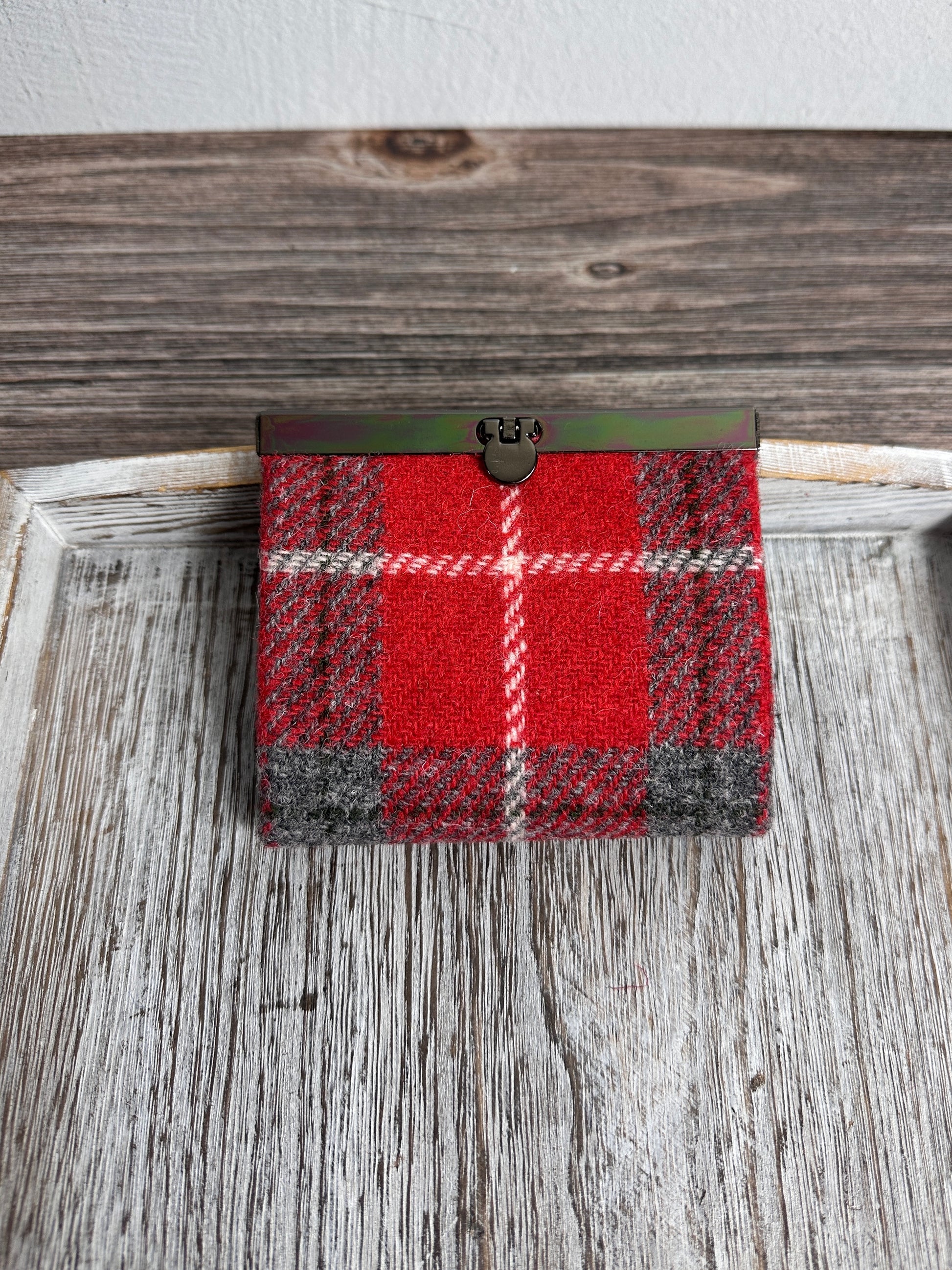 Closed Mini Harris Tweed® Rock Hall Wallet in Red Gray Plaid, featuring Gunmetal flip-lock closure.