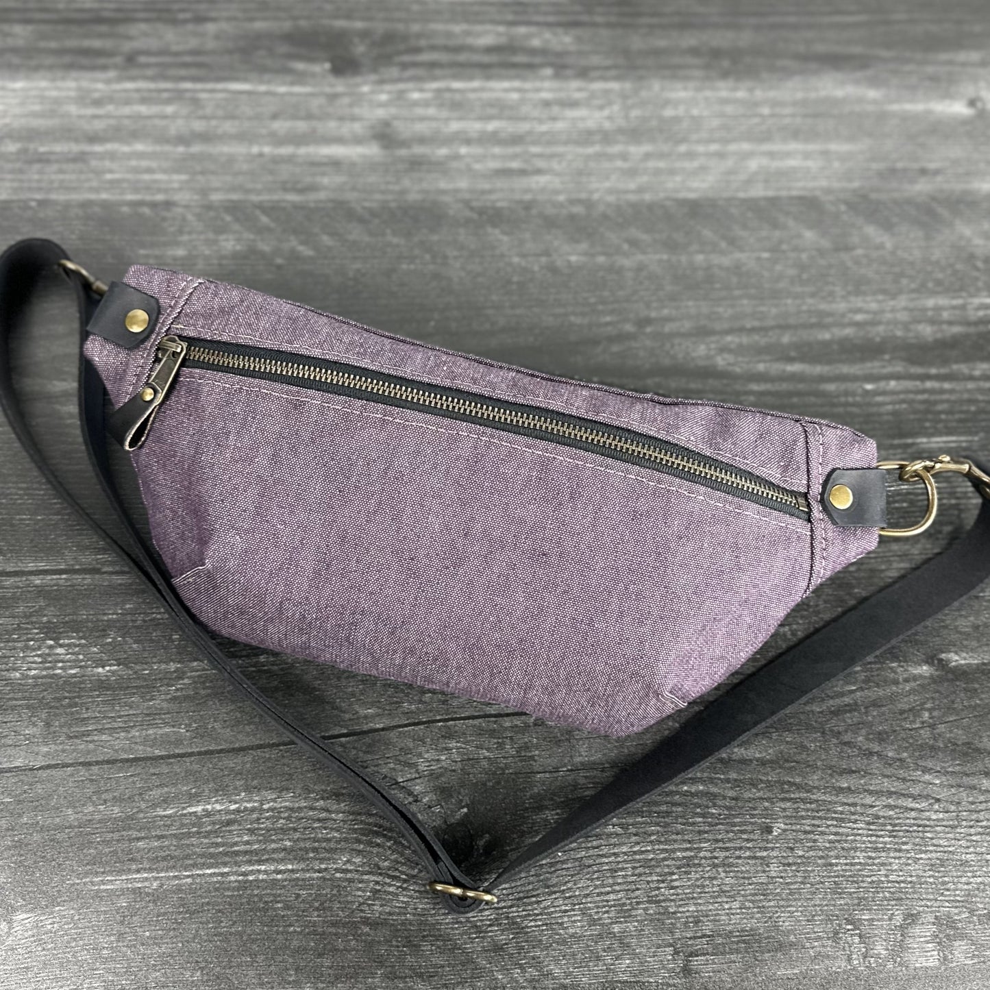 Canvas Spinnaker Sling Bag Plumb Army Duck Canvas with Black Crazy Horse Leather Strap Antique Brass Hardware SquiresCanvasCreations.com