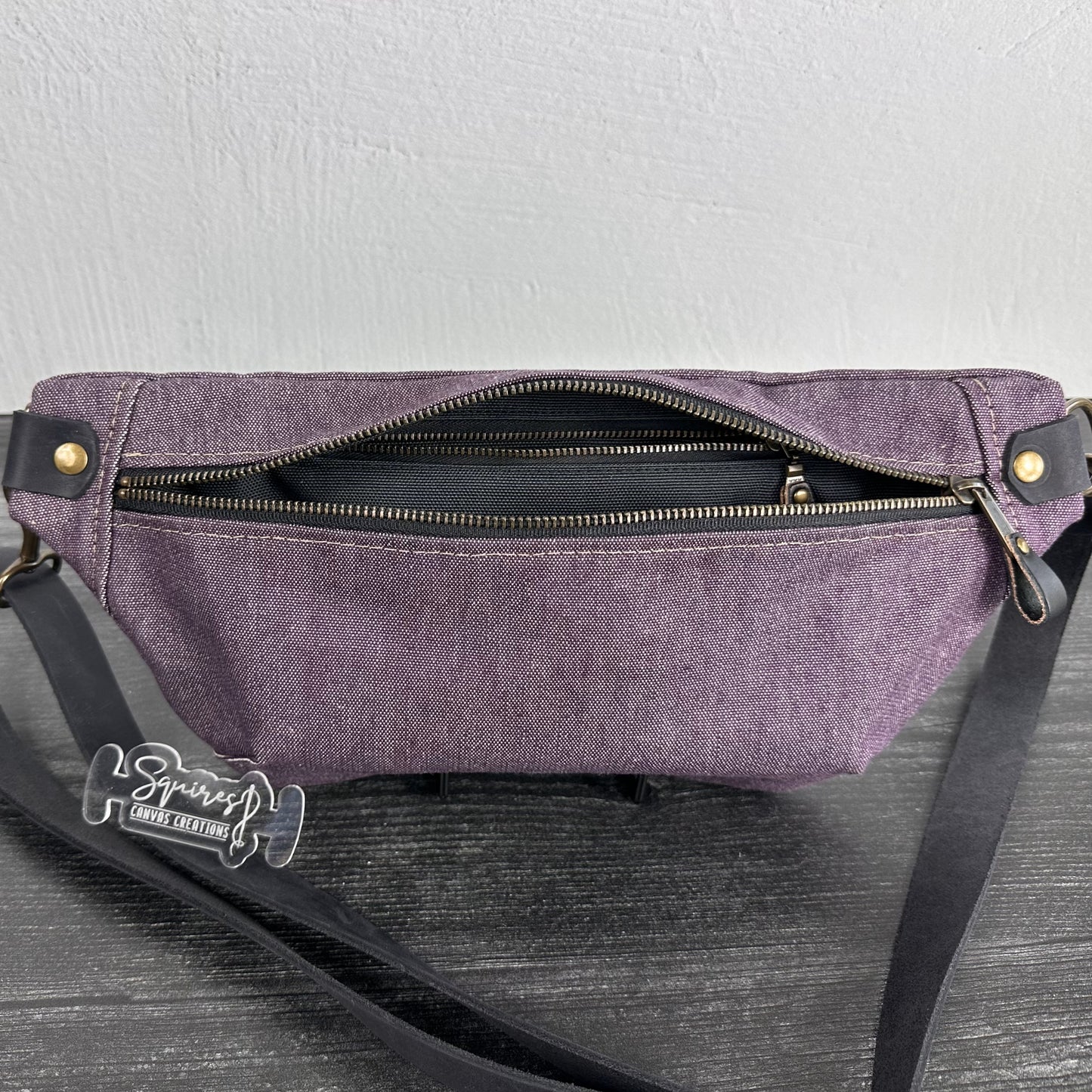 Canvas Spinnaker Sling Bag Plumb Army Duck Canvas with Black Crazy Horse Leather Strap Antique Brass Hardware SquiresCanvasCreations.com