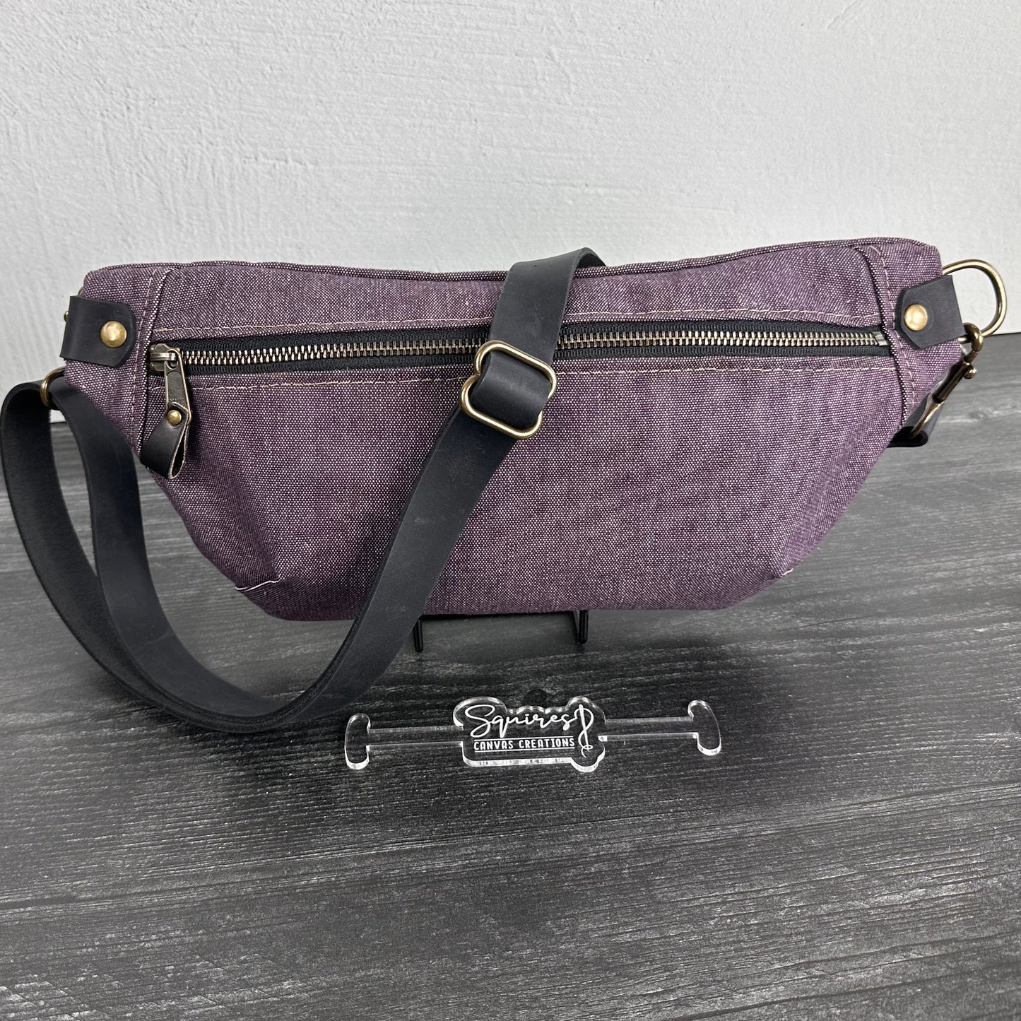 Canvas Spinnaker Sling Bag Plumb Army Duck Canvas with Black Crazy Horse Leather Strap Antique Brass Hardware SquiresCanvasCreations.com