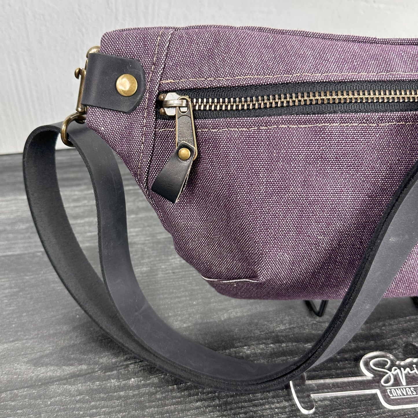 Canvas Spinnaker Sling Bag Plumb Army Duck Canvas with Black Crazy Horse Leather Strap Antique Brass Hardware SquiresCanvasCreations.com