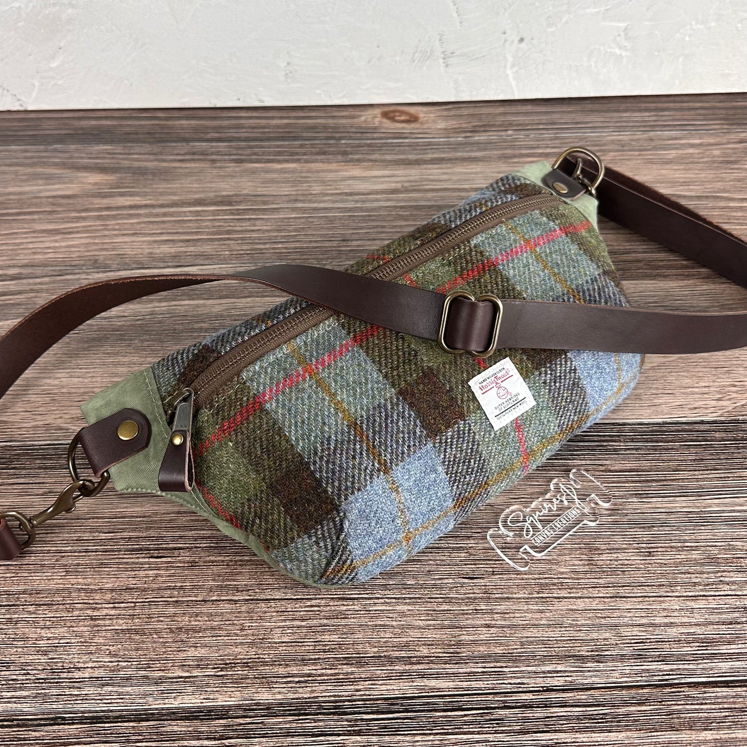 Macleod Tartan Harris Tweed® Dark Brown Leather with Antique Brass Hardware Spinnaker Sling Bag squirescanvascreations.com
