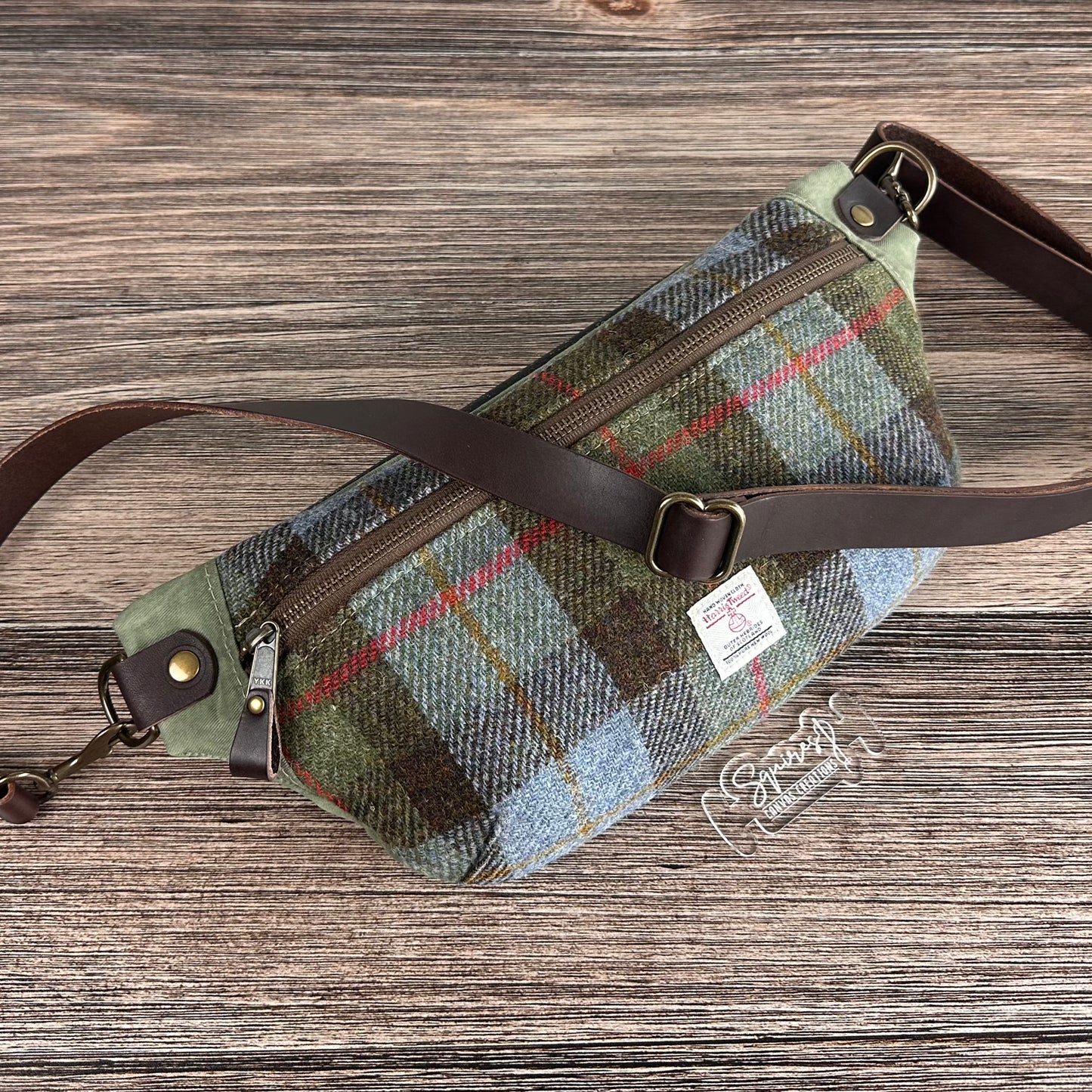 Macleod Tartan Harris Tweed® Dark Brown Leather with Antique Brass Hardware Spinnaker Sling Bag