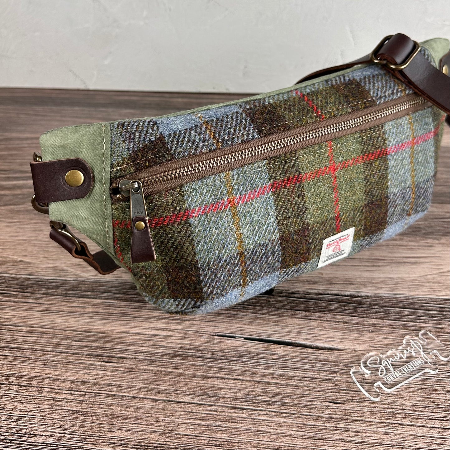 Macleod Tartan Harris Tweed® Dark Brown Leather with Antique Brass Hardware Spinnaker Sling Bag squirescanvascreations.com