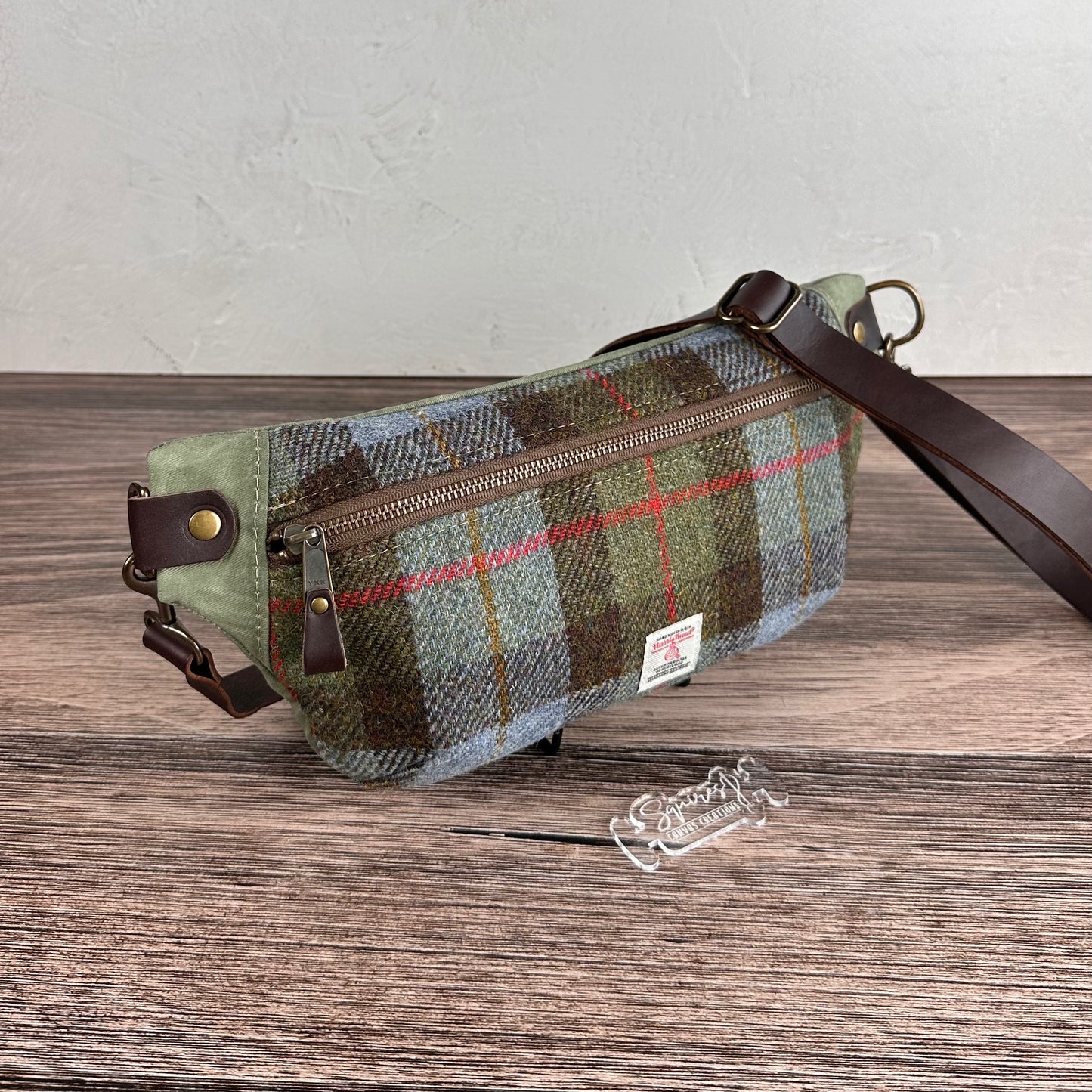 Macleod Tartan Harris Tweed® Dark Brown Leather with Antique Brass Hardware Spinnaker Sling Bag squirescanvascreations.com