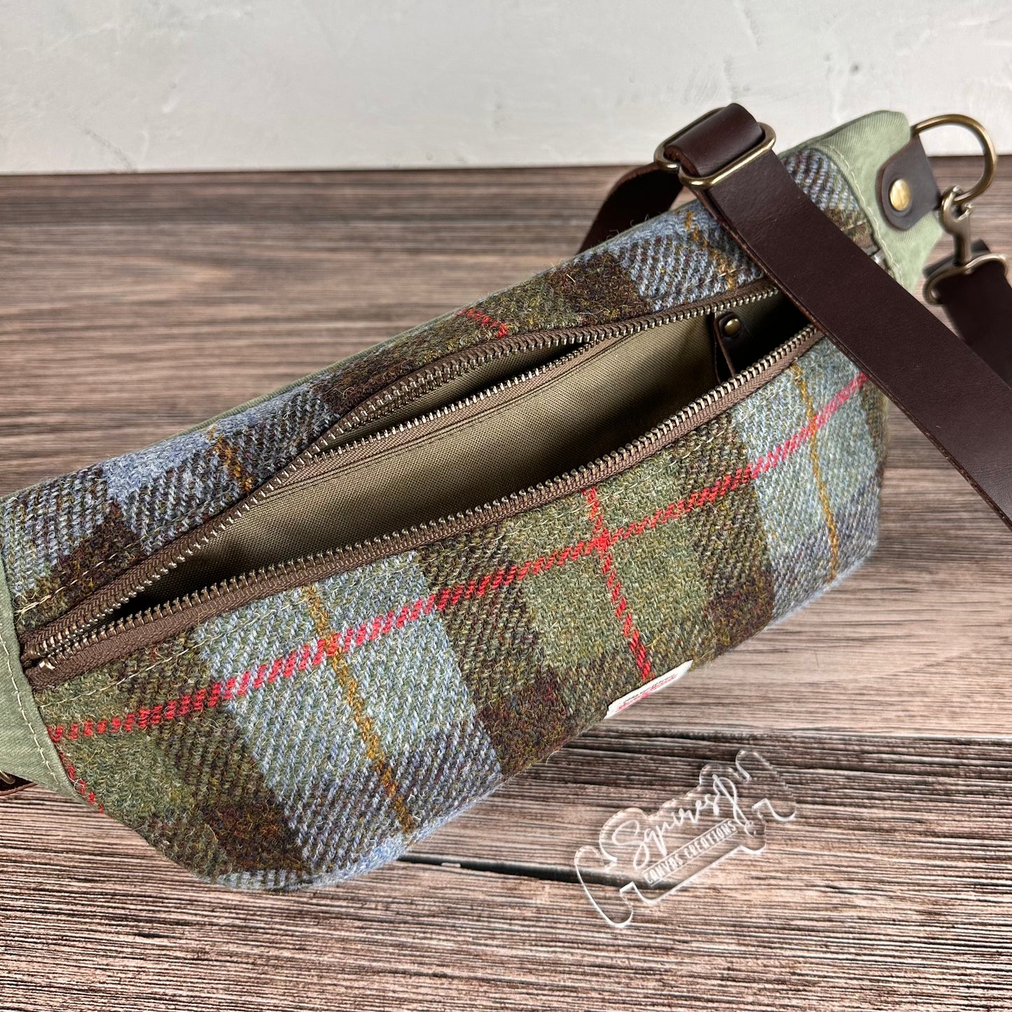Macleod Tartan Harris Tweed® Dark Brown Leather with Antique Brass Hardware Spinnaker Sling Bag squirescanvascreations.com