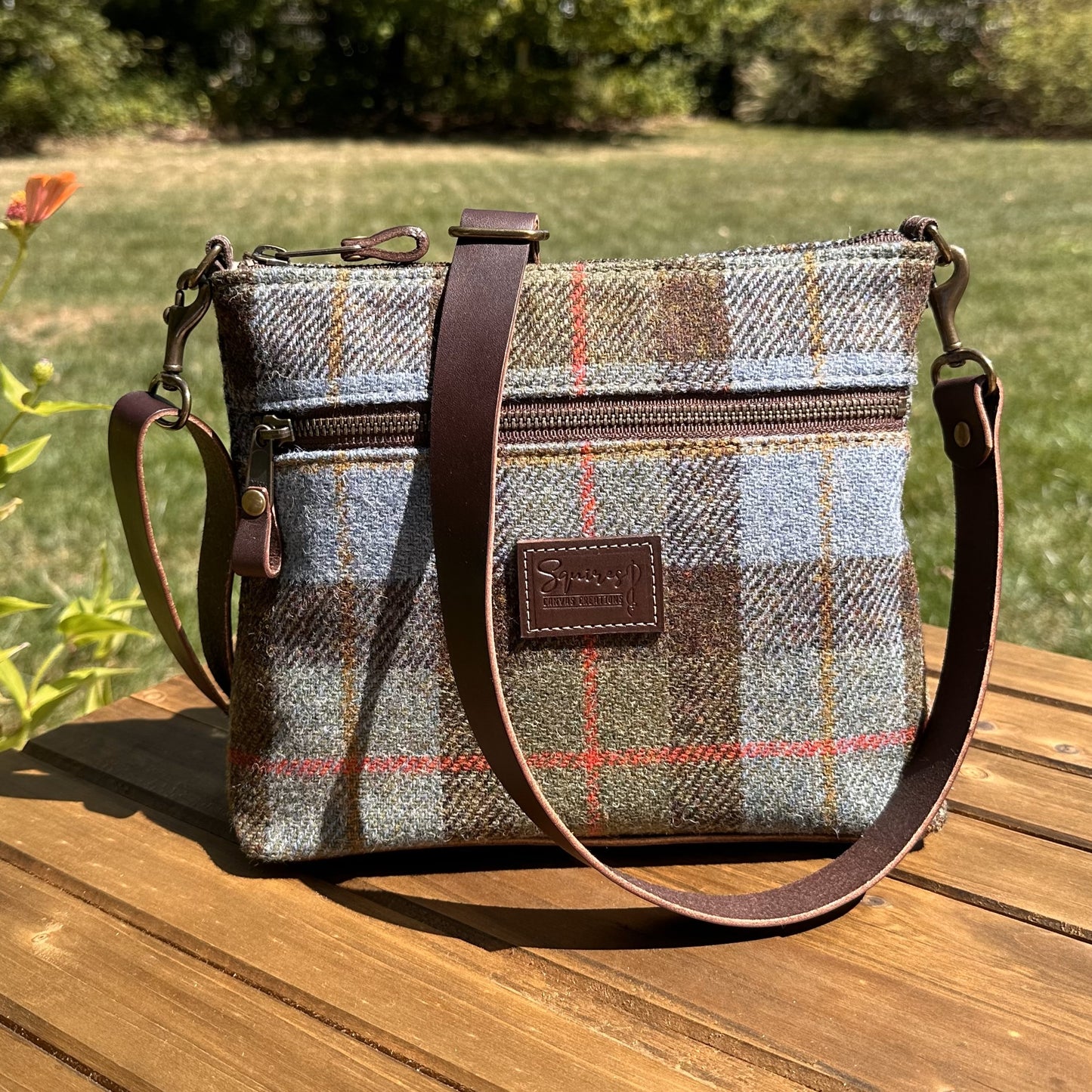 Harris Tweed® Fairhaven Crossbody Macleod Tartan Harris Tweed® Dark Brown Leather with Antique Brass Hardware SquiresCanvasCreations.com