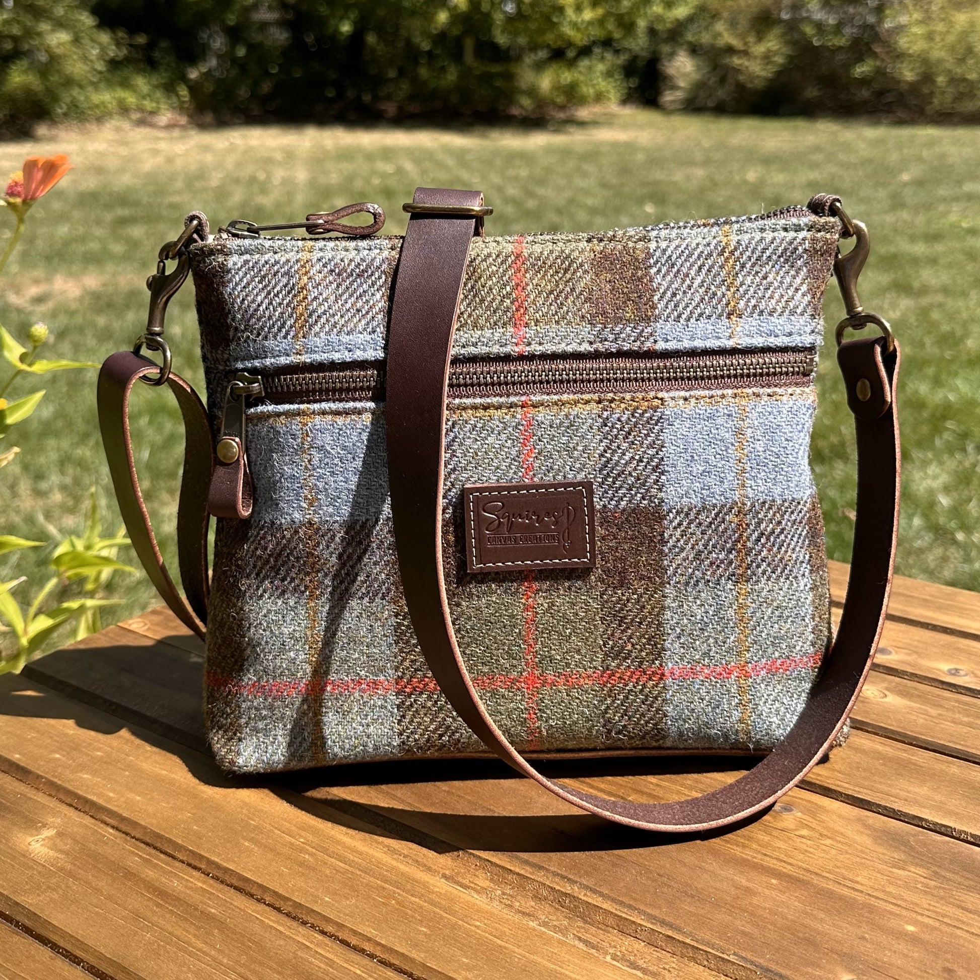 Harris Tweed® Fairhaven Crossbody Macleod Tartan Harris Tweed®  Dark Brown Leather with Antique Brass Hardware SquiresCanvasCreations.com