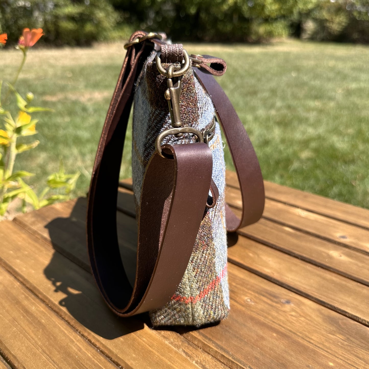 Harris Tweed® Fairhaven Crossbody Macleod Tartan Harris Tweed® Dark Brown Leather with Antique Brass Hardware SquiresCanvasCreations.com