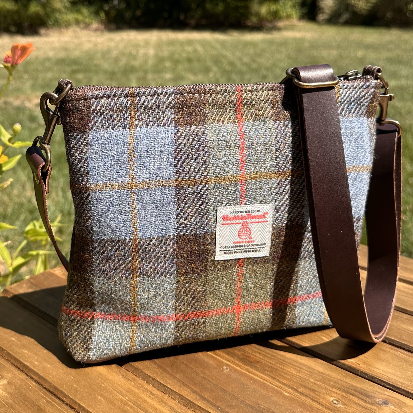 Harris Tweed® Fairhaven Crossbody Macleod Tartan Harris Tweed® Dark Brown Leather with Antique Brass Hardware SquiresCanvasCreations.com