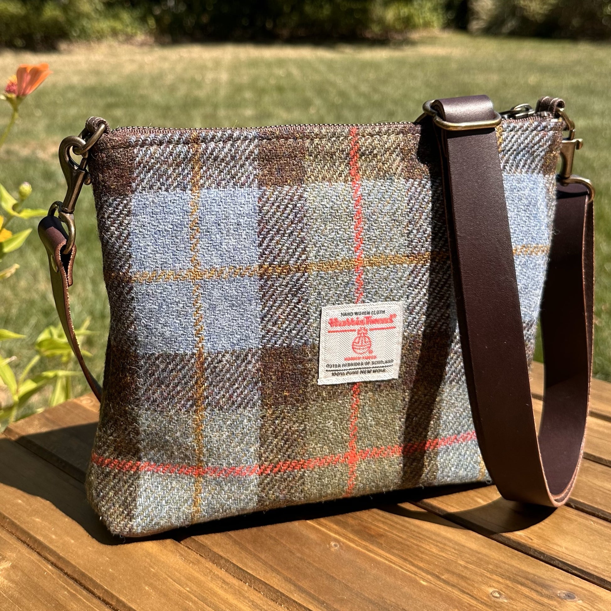 Harris Tweed® Fairhaven Crossbody Macleod Tartan Harris Tweed®  Dark Brown Leather with Antique Brass Hardware SquiresCanvasCreations.com