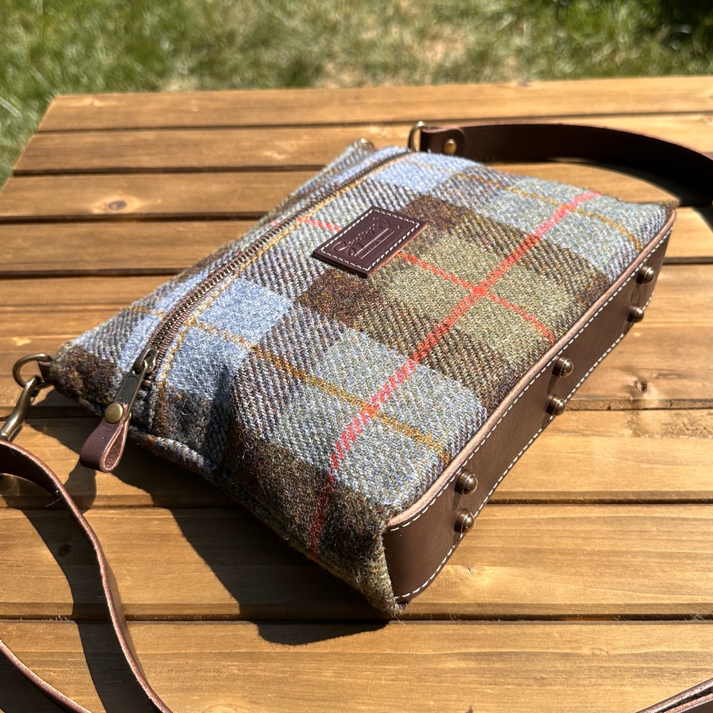Harris Tweed® Fairhaven Crossbody Macleod Tartan Harris Tweed® Dark Brown Leather with Antique Brass Hardware SquiresCanvasCreations.com