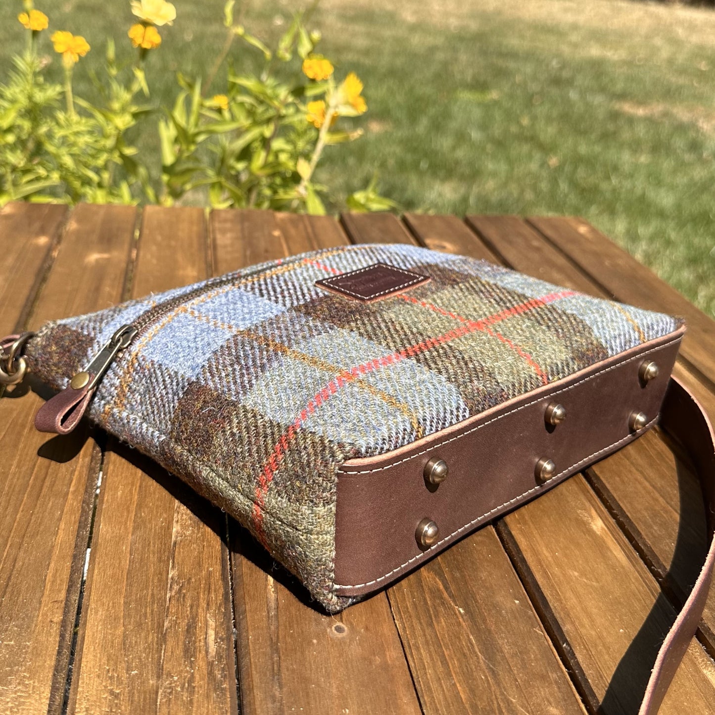 Harris Tweed® Fairhaven Crossbody Macleod Tartan Harris Tweed® Dark Brown Leather with Antique Brass Hardware SquiresCanvasCreations.com