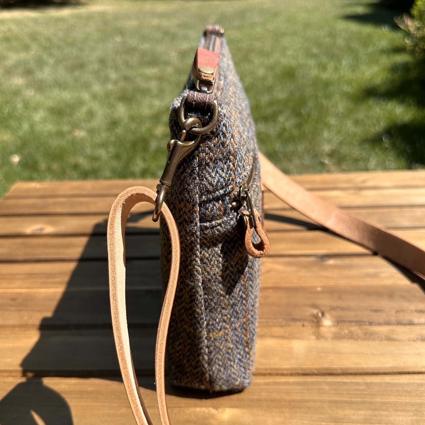 Harris Tweed® Fairhaven Crossbody Green and Blue Herringbone with Rust Overcheck Plaid Harris Tweed® with Dublin Olde English Leather and Antique Brass Hardware SquiresCanvasCreations.com