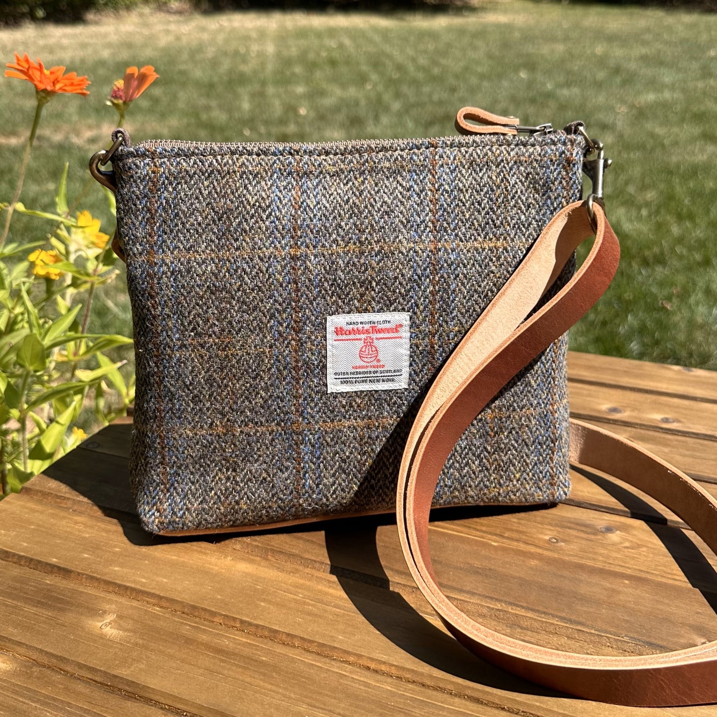 Harris Tweed® Fairhaven Crossbody Green and Blue Herringbone with Rust Overcheck Plaid Harris Tweed® with Dublin Olde English Leather and Antique Brass Hardware SquiresCanvasCreations.com
