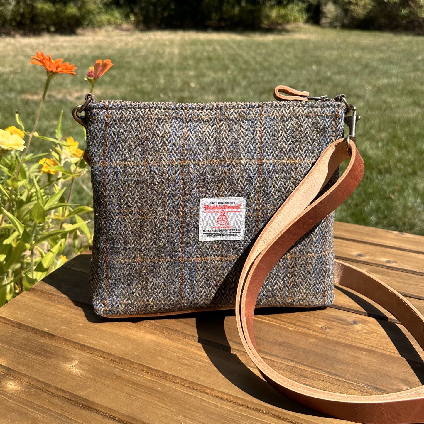 Harris Tweed® Fairhaven Crossbody Green and Blue Herringbone with Rust Overcheck Plaid Harris Tweed® with Dublin Olde English Leather and Antique Brass Hardware SquiresCanvasCreations.com