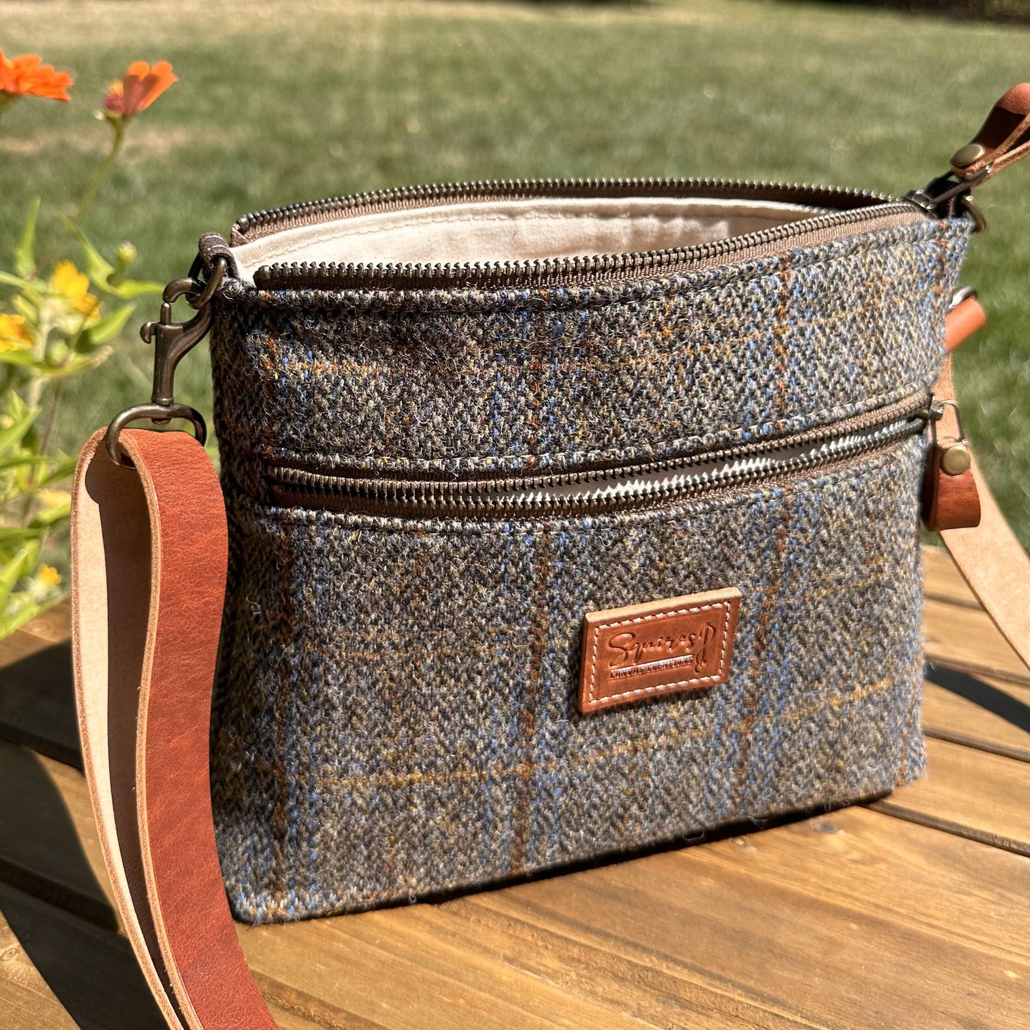 Harris Tweed® Fairhaven Crossbody Green and Blue Herringbone with Rust Overcheck Plaid Harris Tweed® with Dublin Olde English Leather and Antique Brass Hardware SquiresCanvasCreations.com