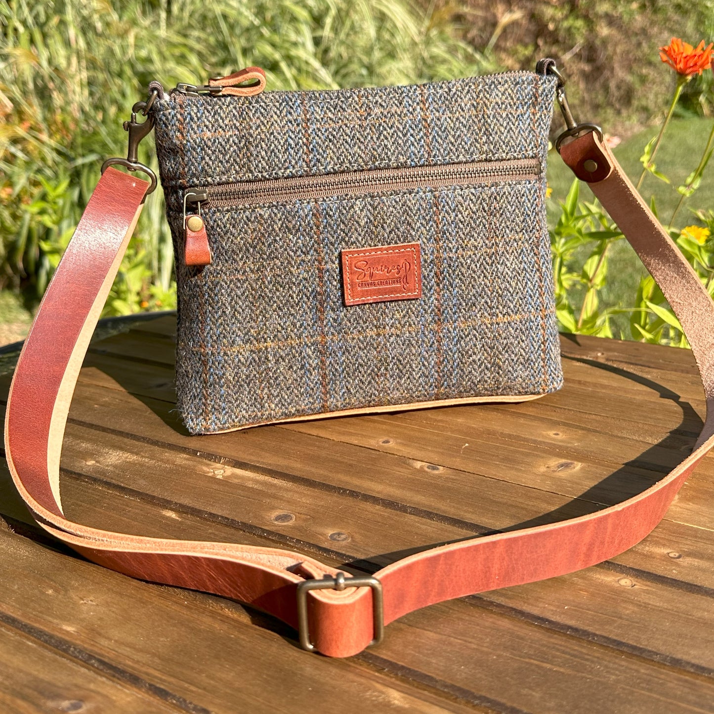 Harris Tweed® Fairhaven Crossbody Green and Blue Herringbone with Rust Overcheck Plaid Harris Tweed® with Dublin Olde English Leather and Antique Brass Hardware SquiresCanvasCreations.com
