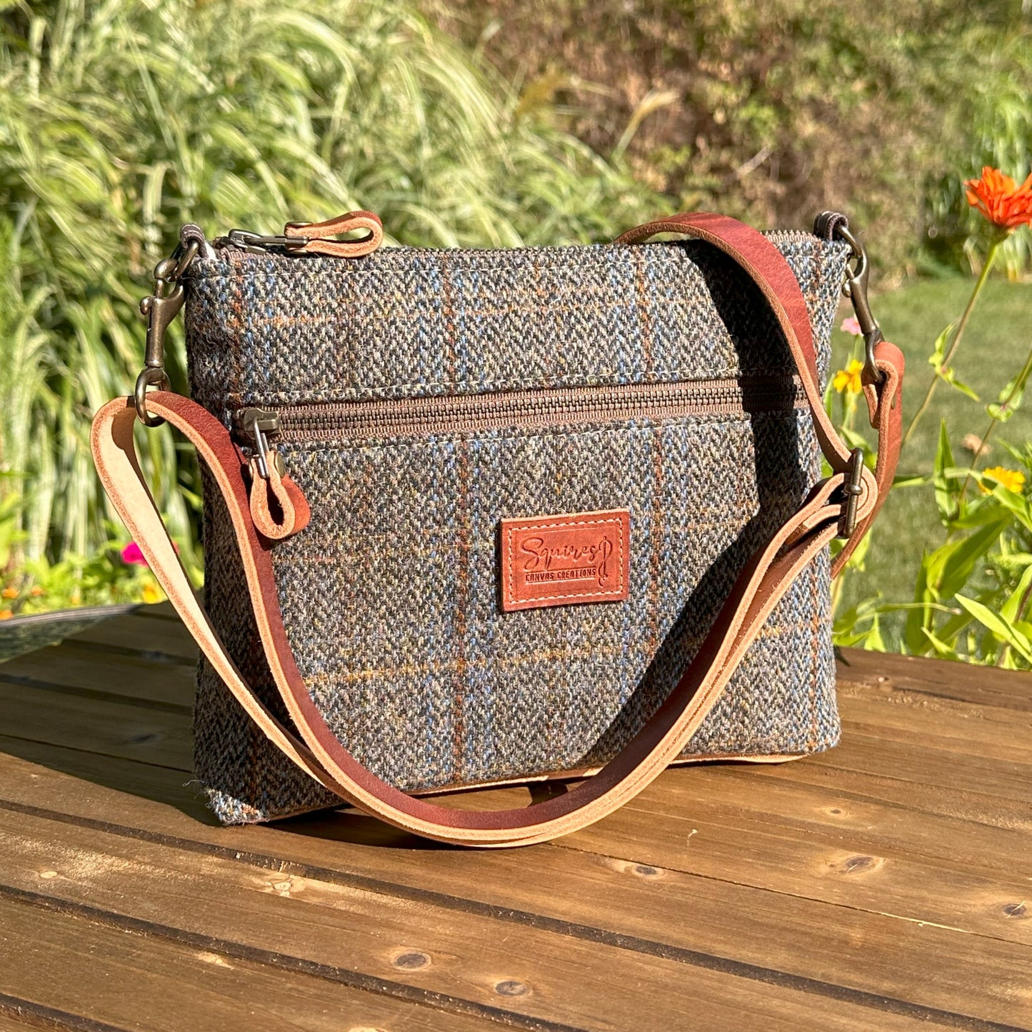 Harris Tweed® Fairhaven Crossbody Green and Blue Herringbone with Rust Overcheck Plaid Harris Tweed® with Dublin Olde English Leather and Antique Brass Hardware SquiresCanvasCreations.com