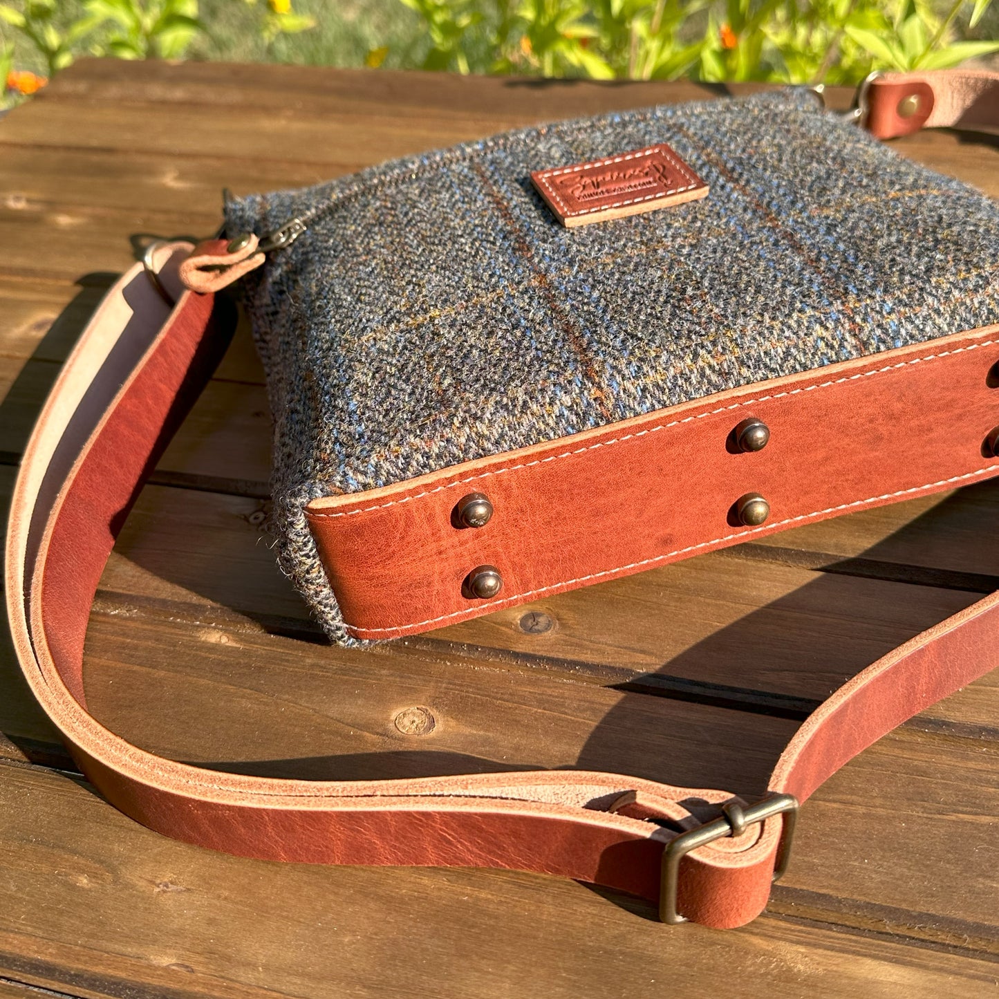 Harris Tweed® Fairhaven Crossbody Green and Blue Herringbone with Rust Overcheck Plaid Harris Tweed® with Dublin Olde English Leather and Antique Brass Hardware SquiresCanvasCreations.com