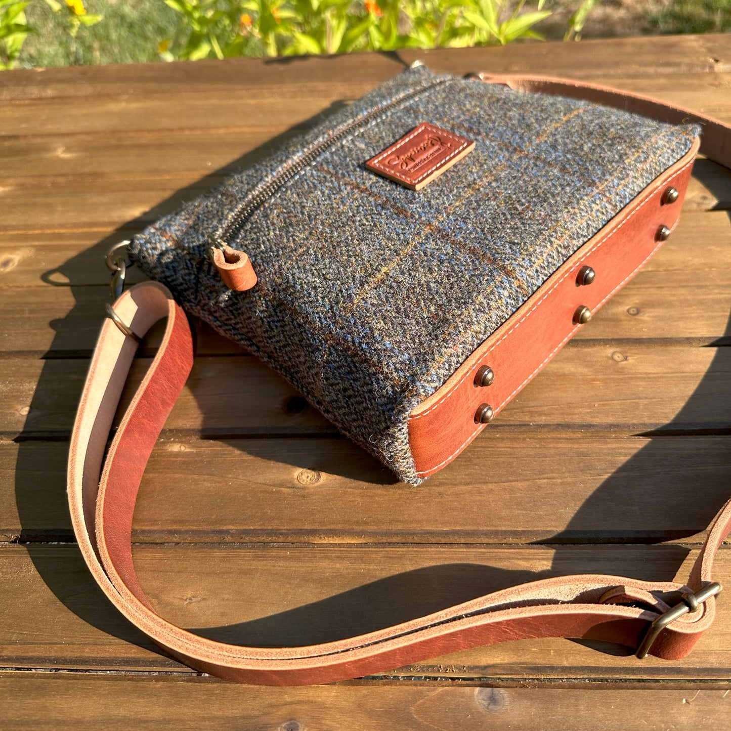 Harris Tweed® Fairhaven Crossbody Green and Blue Herringbone with Rust Overcheck Plaid Harris Tweed® with Dublin Olde English Leather and Antique Brass Hardware SquiresCanvasCreations.com