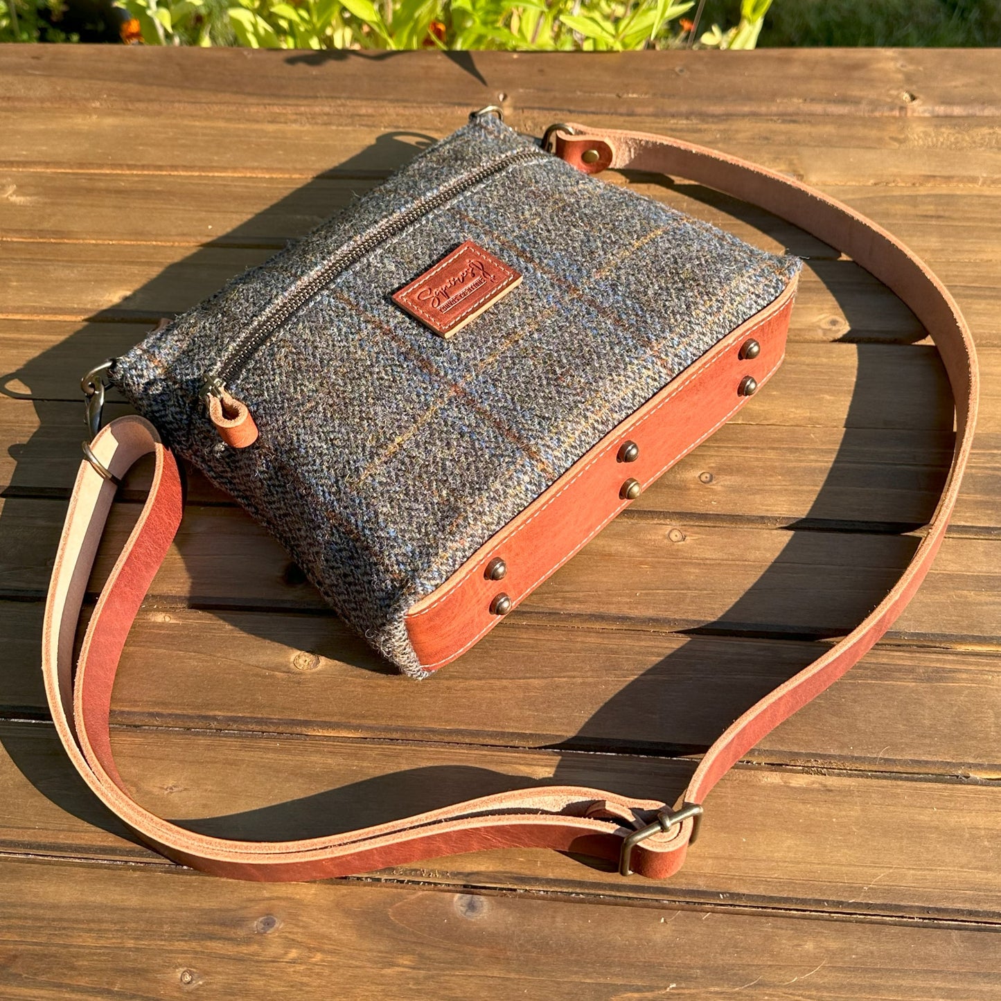 Harris Tweed® Fairhaven Crossbody Green and Blue Herringbone with Rust Overcheck Plaid Harris Tweed® with Dublin Olde English Leather and Antique Brass Hardware SquiresCanvasCreations.com
