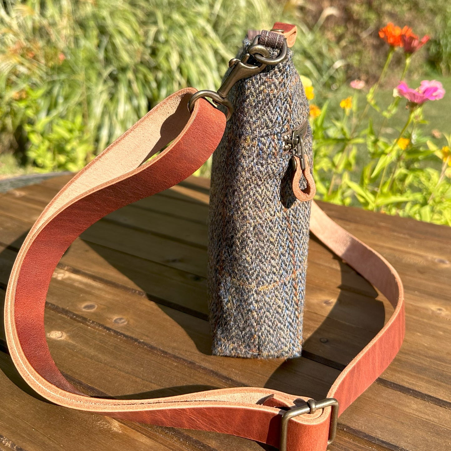 Harris Tweed® Fairhaven Crossbody Green and Blue Herringbone with Rust Overcheck Plaid Harris Tweed® with Dublin Olde English Leather and Antique Brass Hardware SquiresCanvasCreations.com