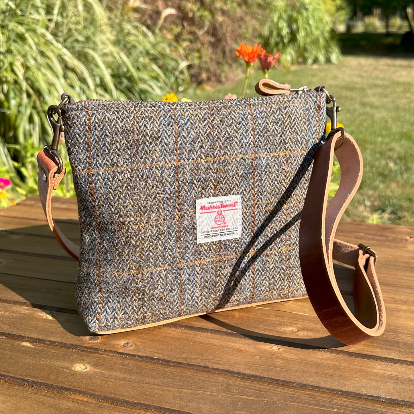 Harris Tweed® Fairhaven Crossbody Green and Blue Herringbone with Rust Overcheck Plaid Harris Tweed® with Dublin Olde English Leather and Antique Brass Hardware SquiresCanvasCreations.com