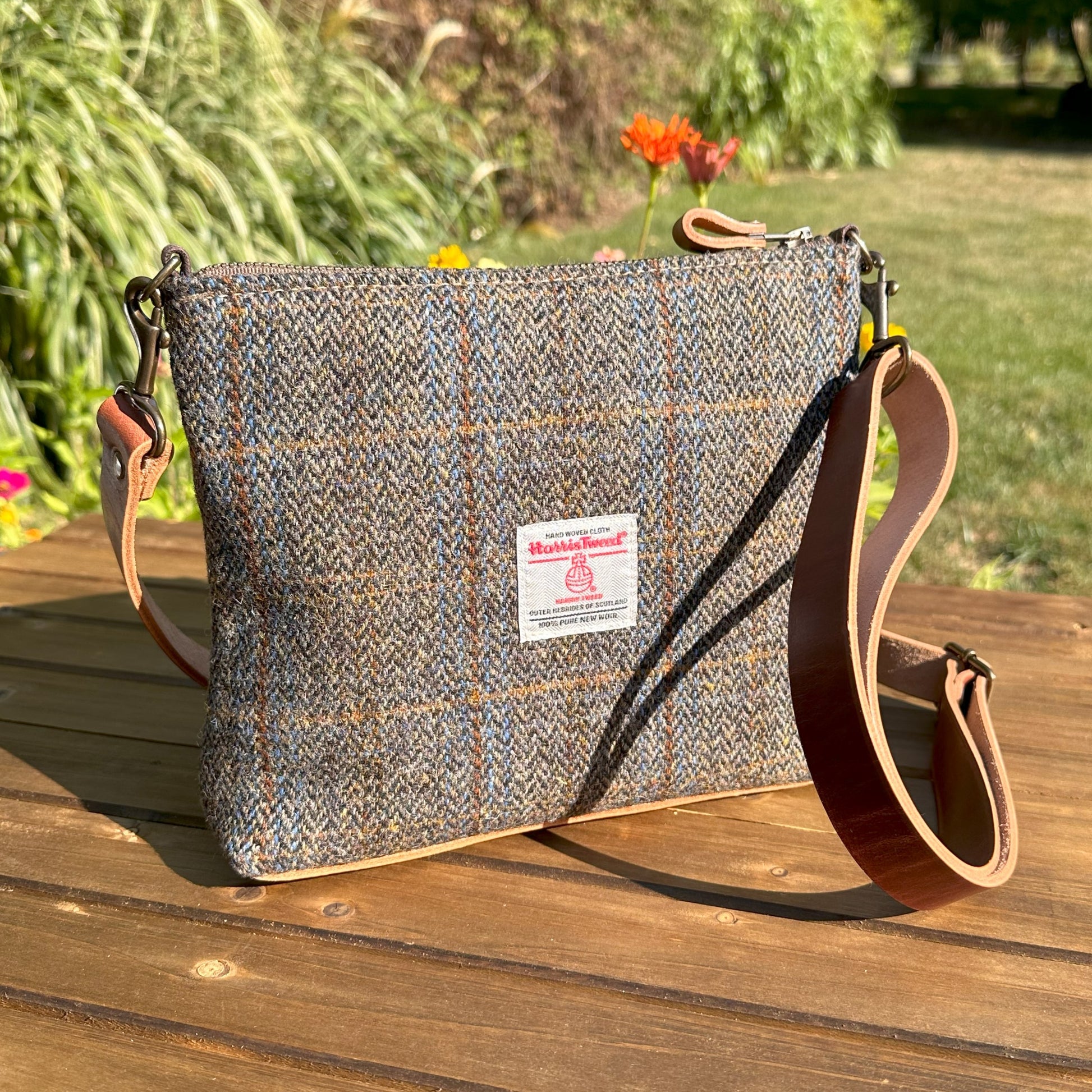 Harris Tweed® Fairhaven Crossbody Green and Blue Herringbone with Rust Overcheck Plaid Harris Tweed® with Dublin Olde English Leather and Antique Brass Hardware SquiresCanvasCreations.com