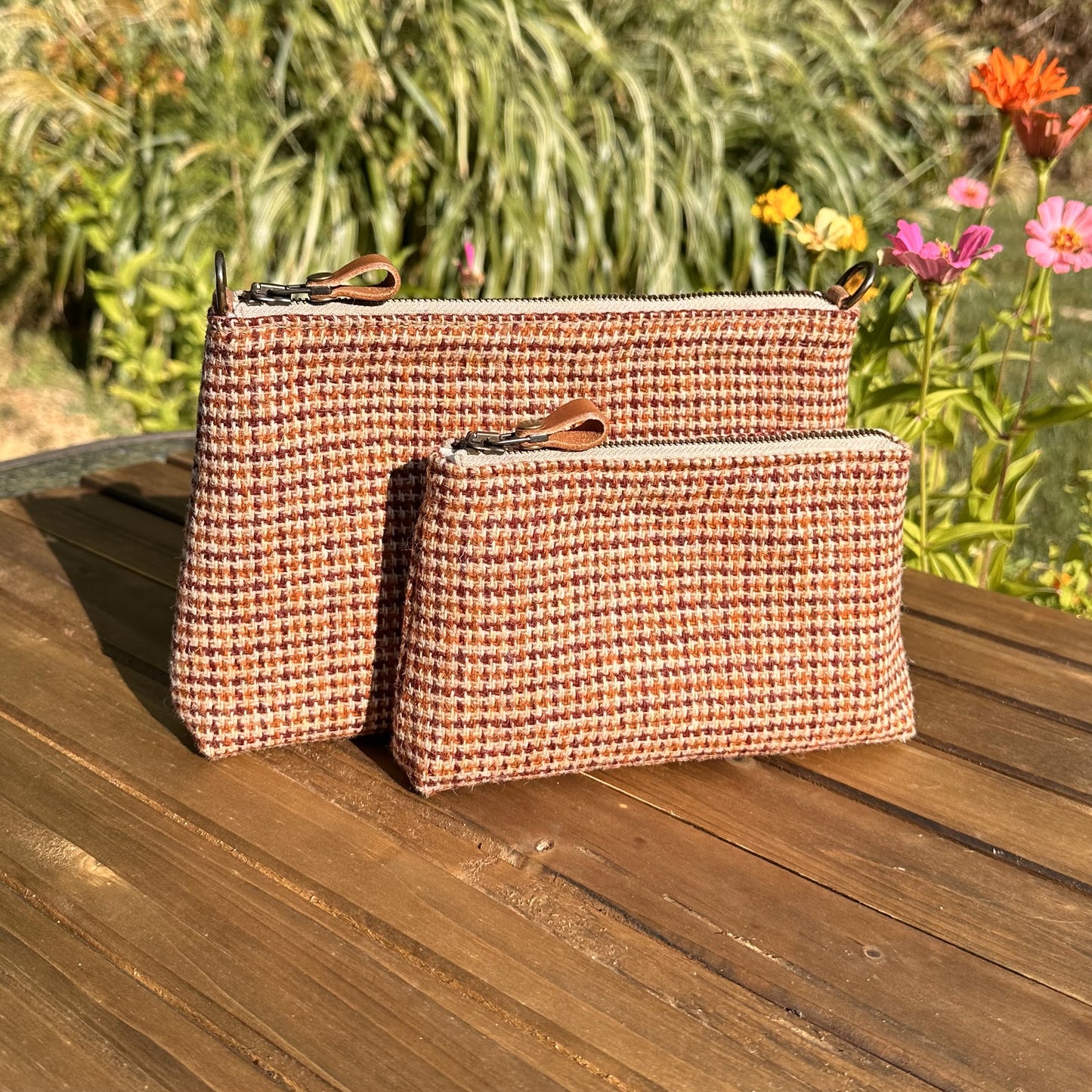 Harris Tweed® Shelly Pouch Fawn Burgundy and Amber Harris Tweed® SquiresCanvasCreations.com